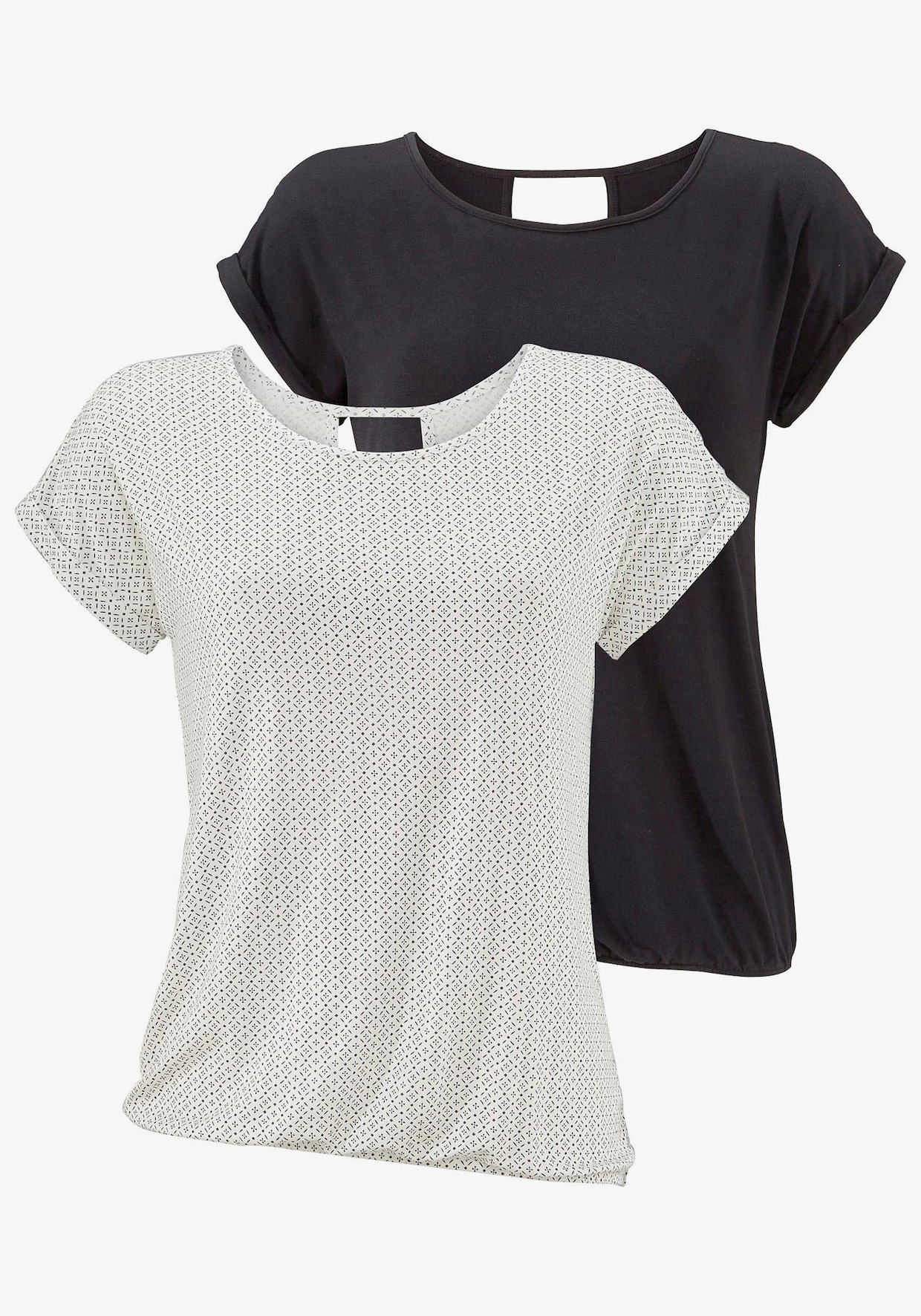 LASCANA T-Shirt - 1x offwhite-gemustert + 1x schwarz-uni