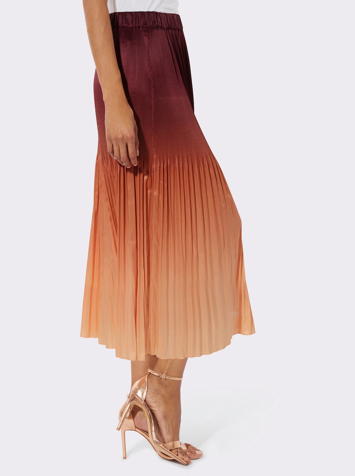 Plisseerock in Matt-Satin - burgund-apricot-bedruckt