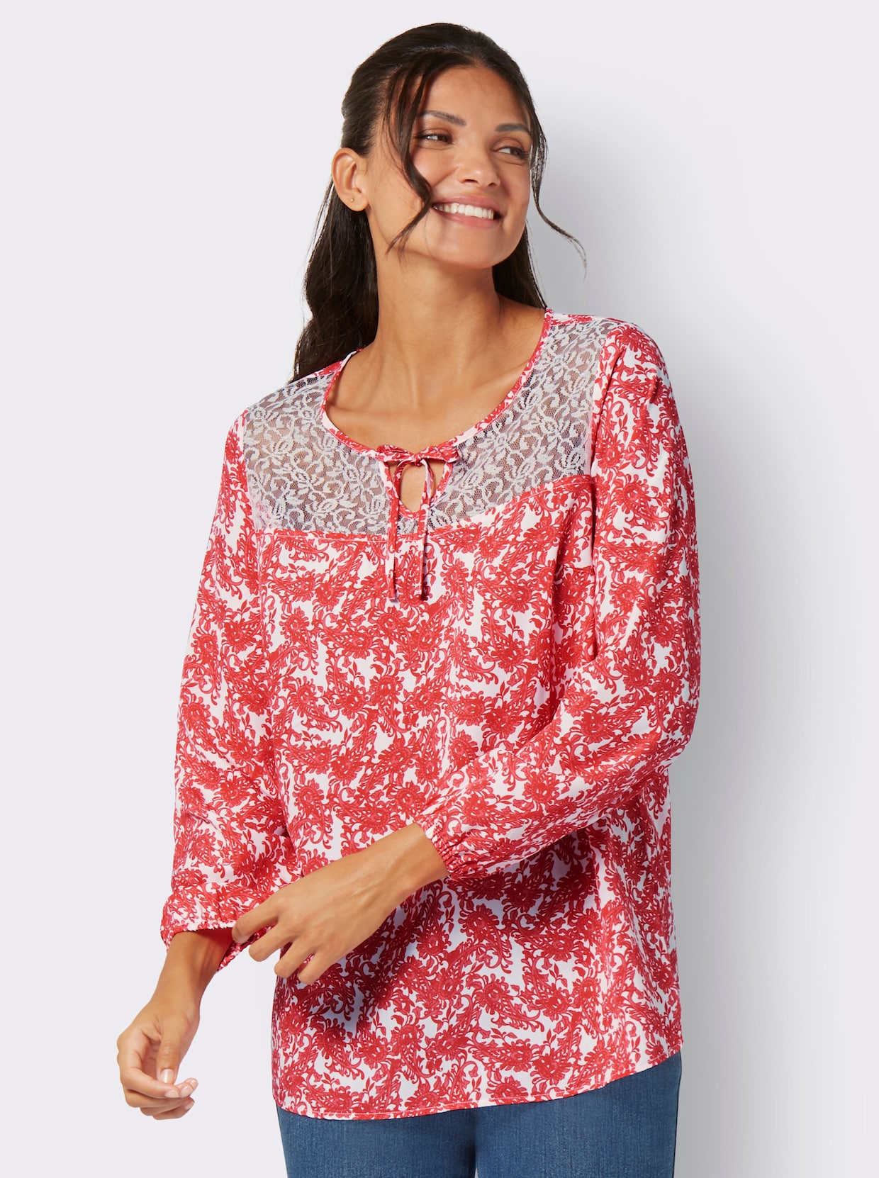 Comfortabele blouse - wit/grapefruit bedrukt