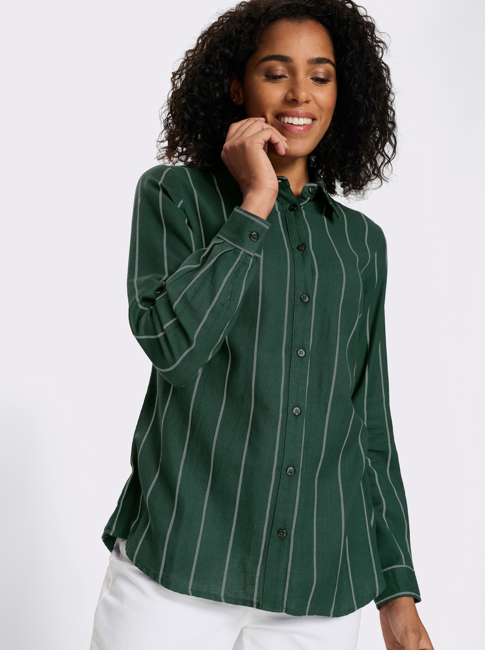 Longbluse im Streifen-Dessin - moos-ecru-gestreift