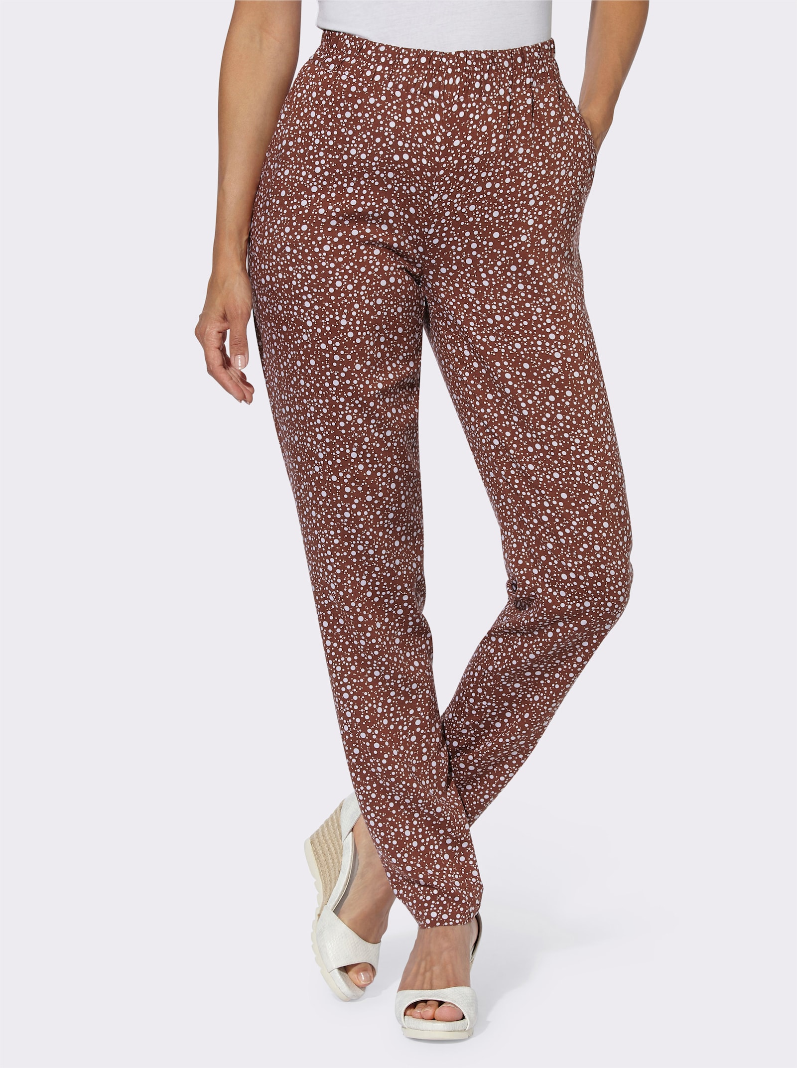 Schlupfhose mit Dehnbund - rotbraun-weiß-bedruckt
