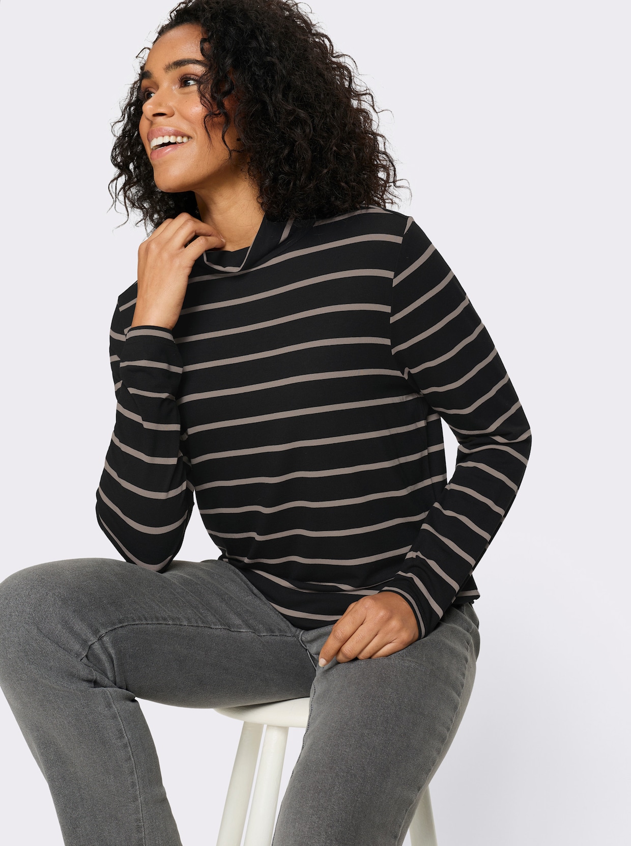 Polotröja med randmönster - svart-sesam-randig