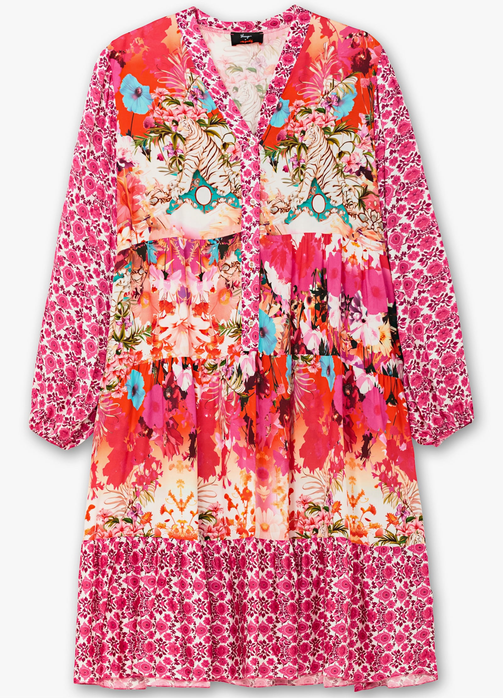 sheego loves miss goodlife Stufenkleid mit Ballonärmeln - rotorange-gemustert