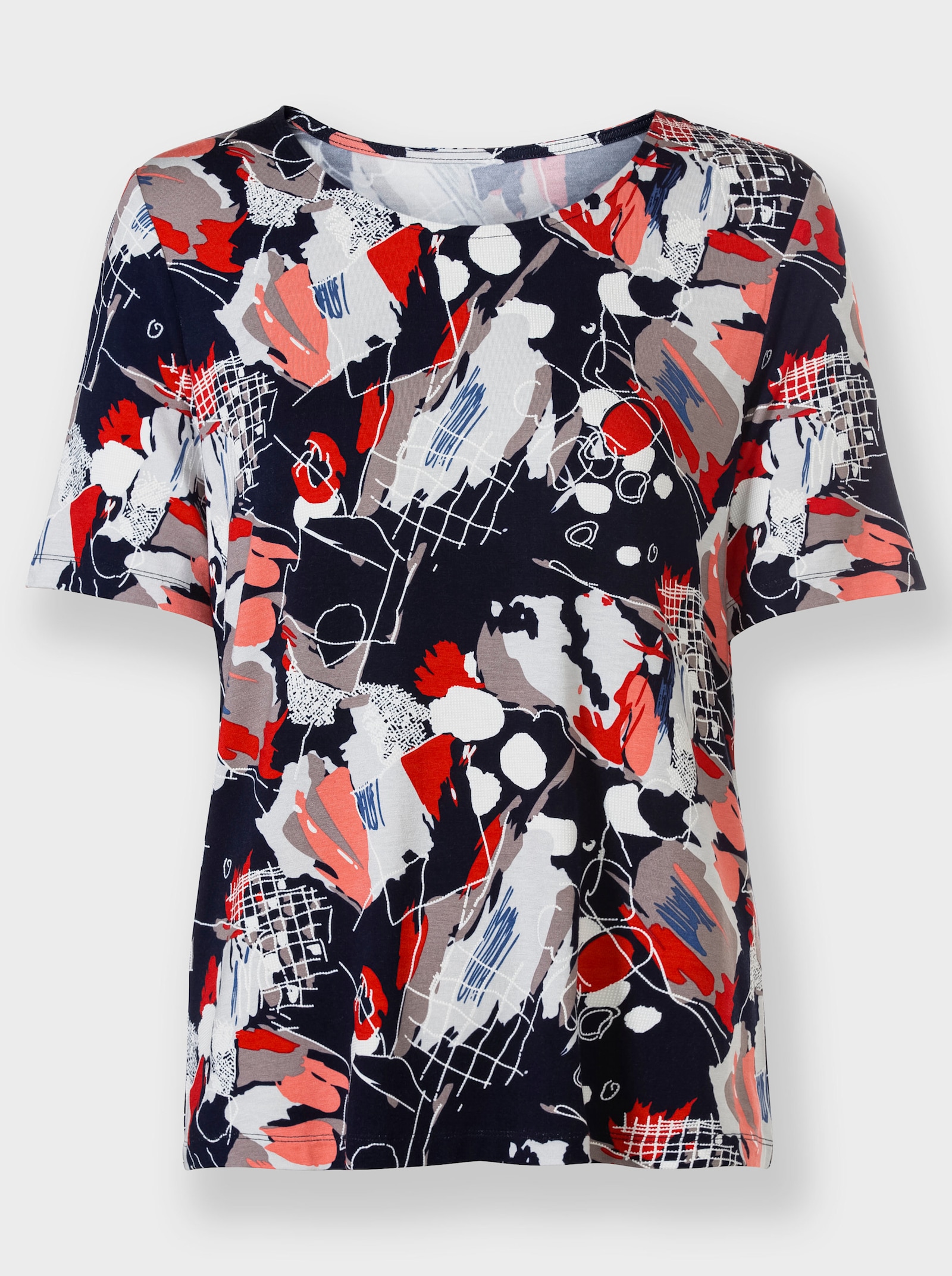 Shirt met ronde hals in gemengd grafisch dessin - marine/koraal bedrukt