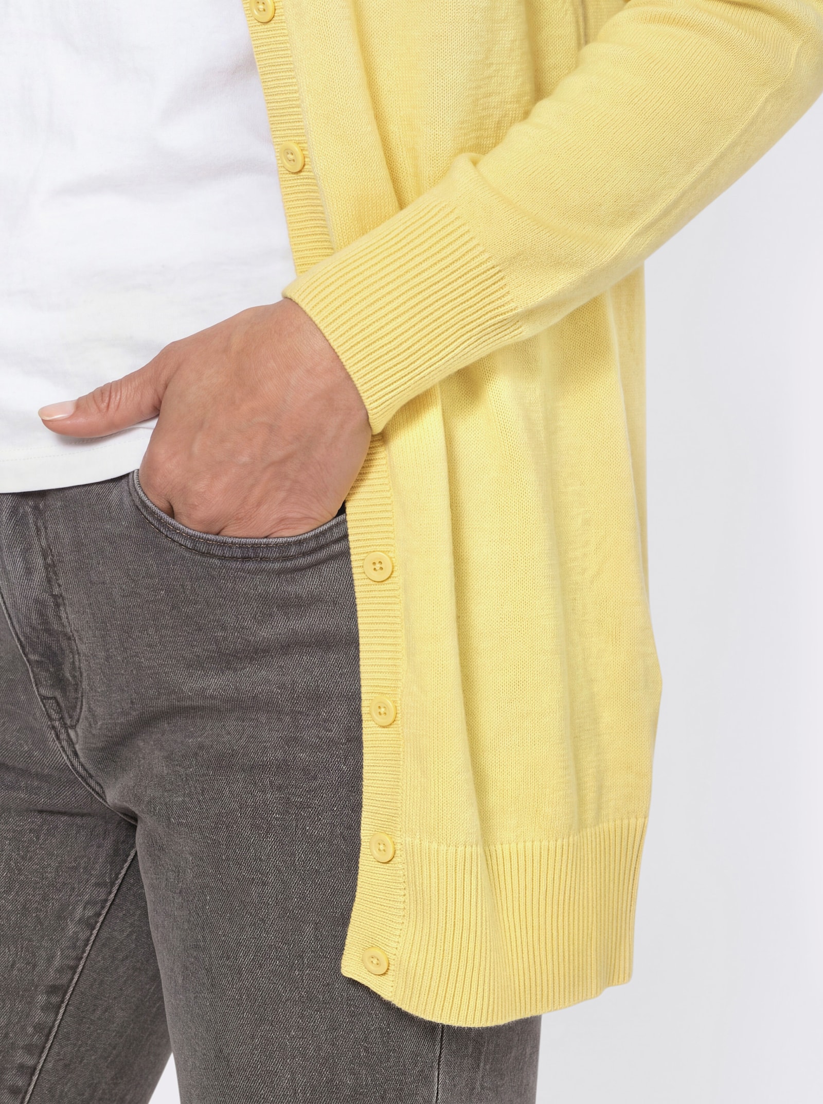Longstrickjacke mit gerippten Bündchen - zitrone
