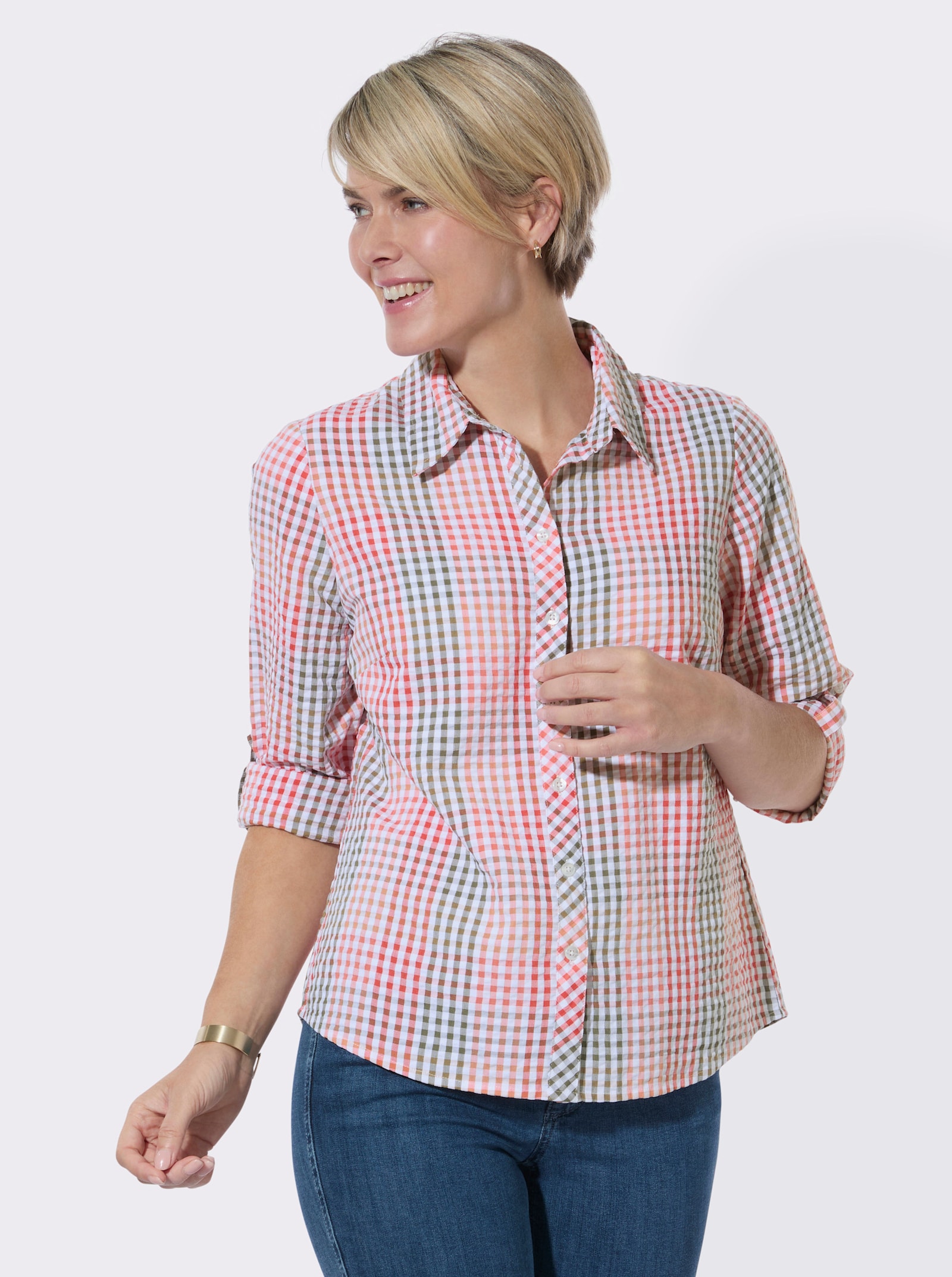 Karobluse aus pflegeleichtem Seersucker - flamingo-khaki-kariert