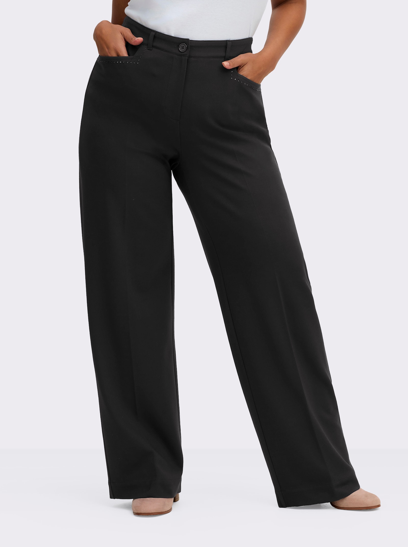 sheego Jerseybroek met wijde pijpen en comfortband - zwart