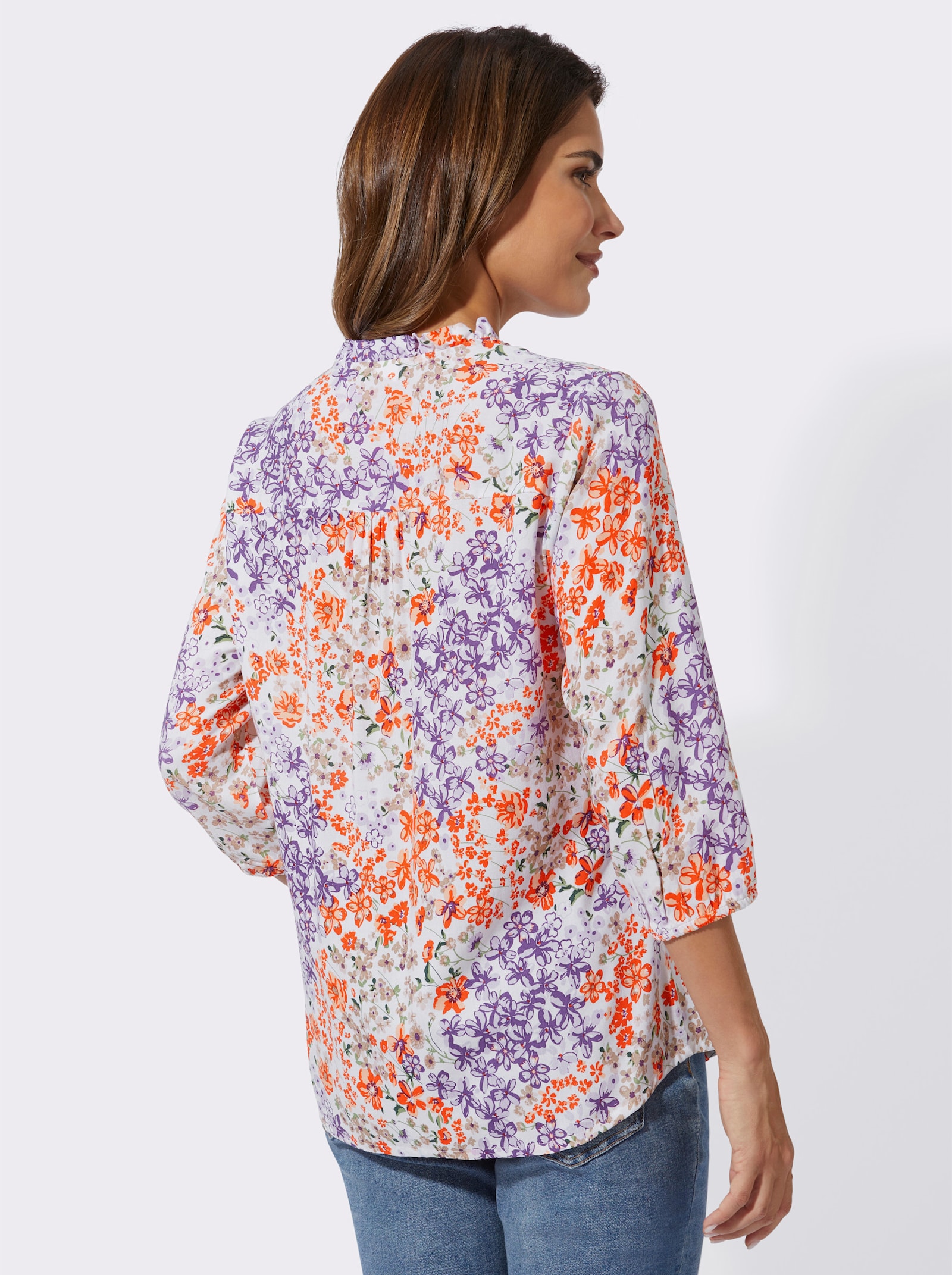 Comfortblouse met ruches - ecru/lila bedrukt