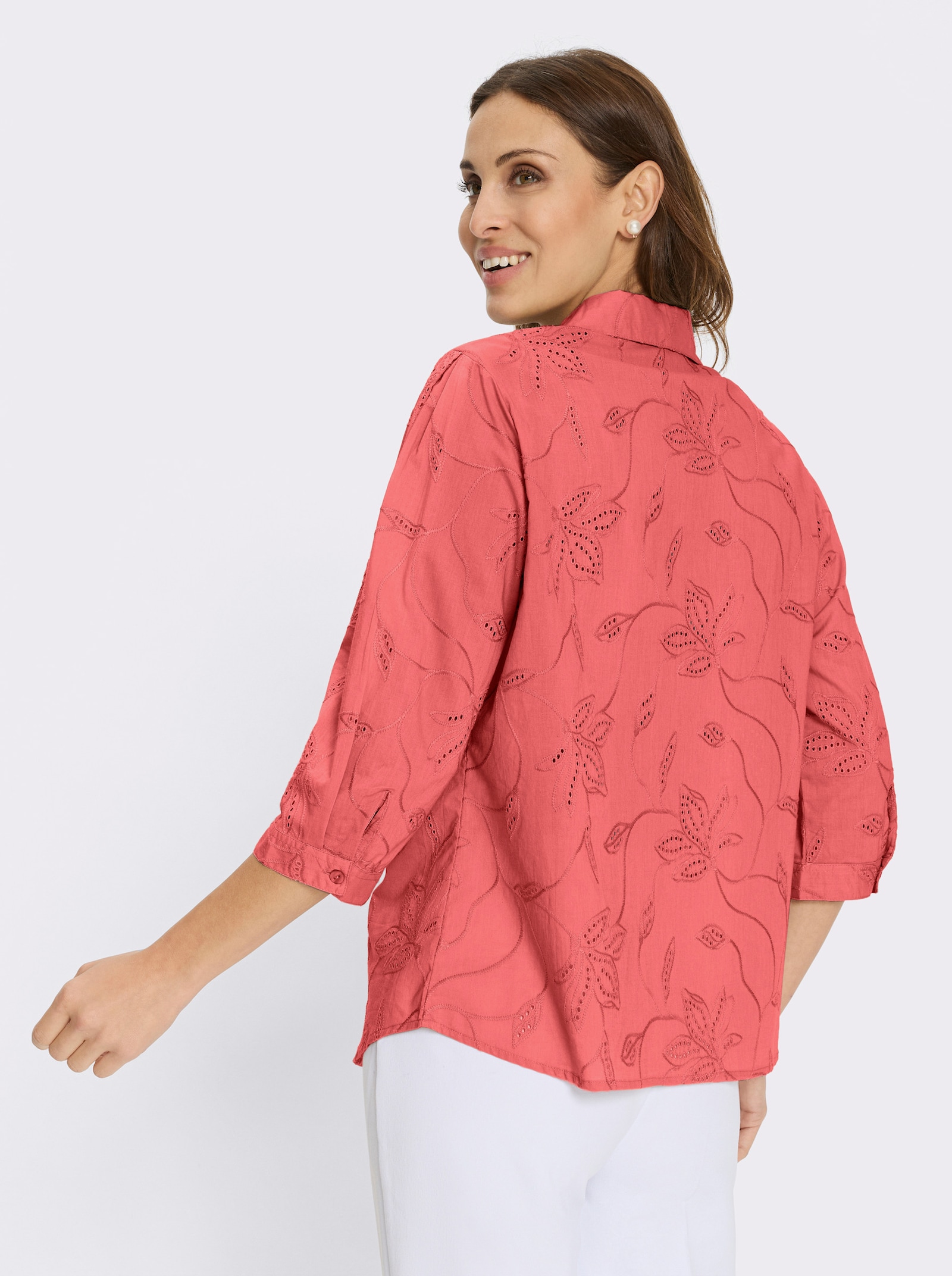 Chemisier en coton avec broderie Madère - corail