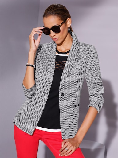 Jacquardblazer mit Reissverschluss-Taschen - ecru-schwarz-gemustert