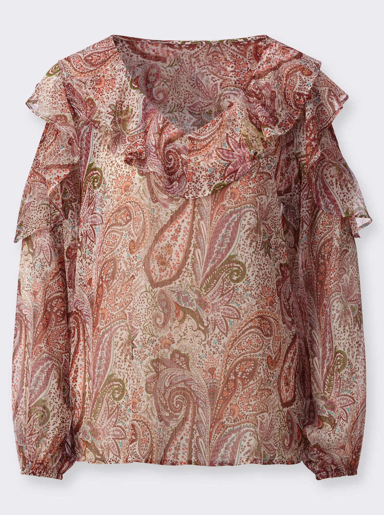 Chiffonbluse mit goldfarbigen Glanzfäden - ecru-papaya-bedruckt