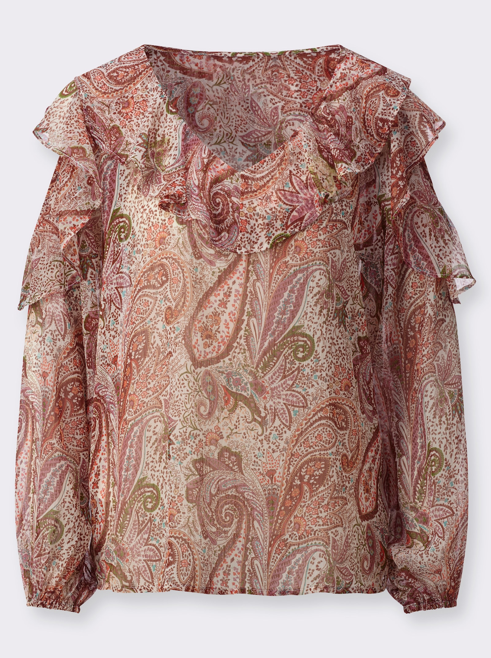 Chiffonbluse mit goldfarbigen Glanzfäden - ecru-papaya-bedruckt