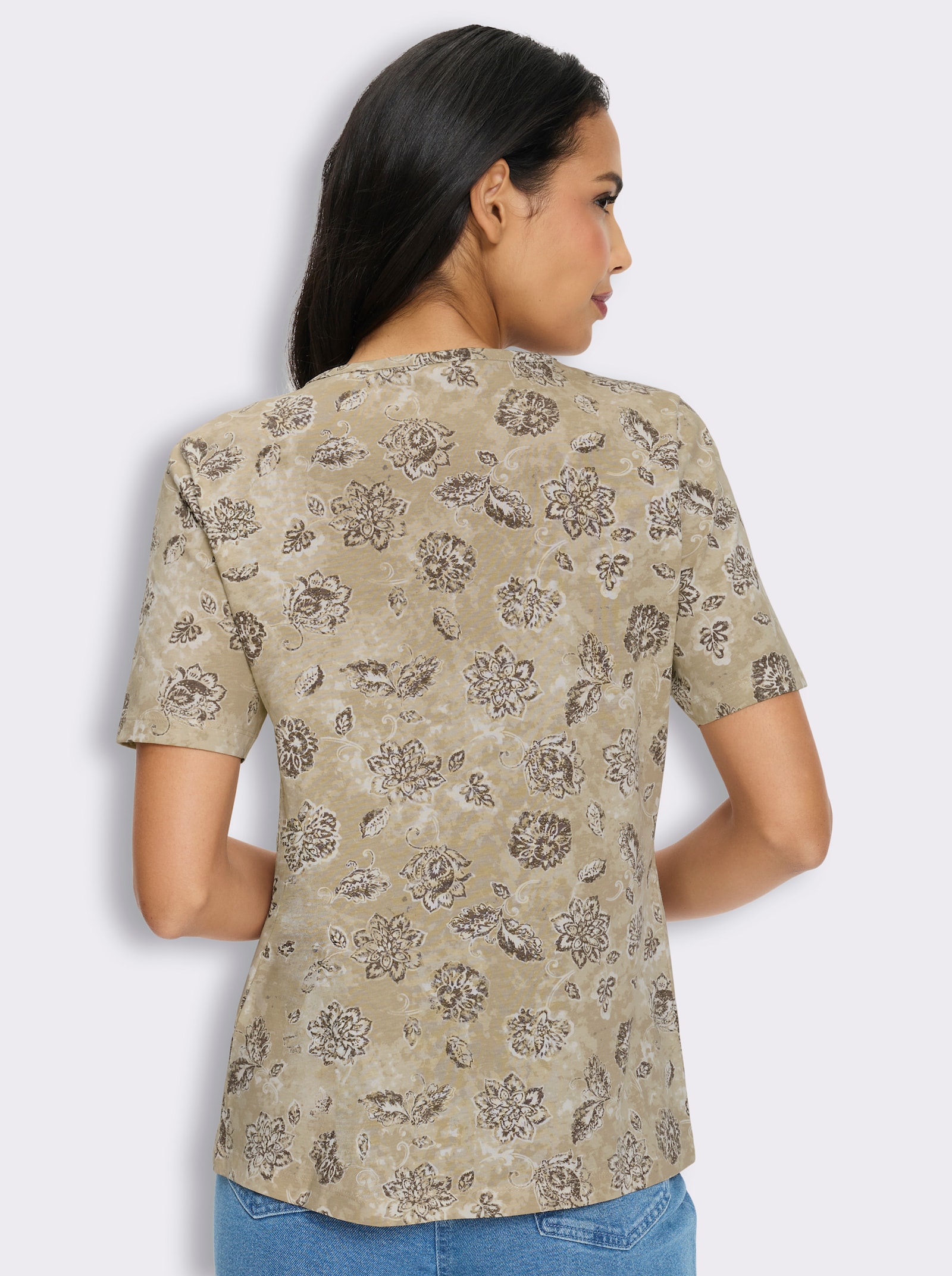 Kurzarmshirt mit Faltenpartie vorne - taupe-beige-bedruckt