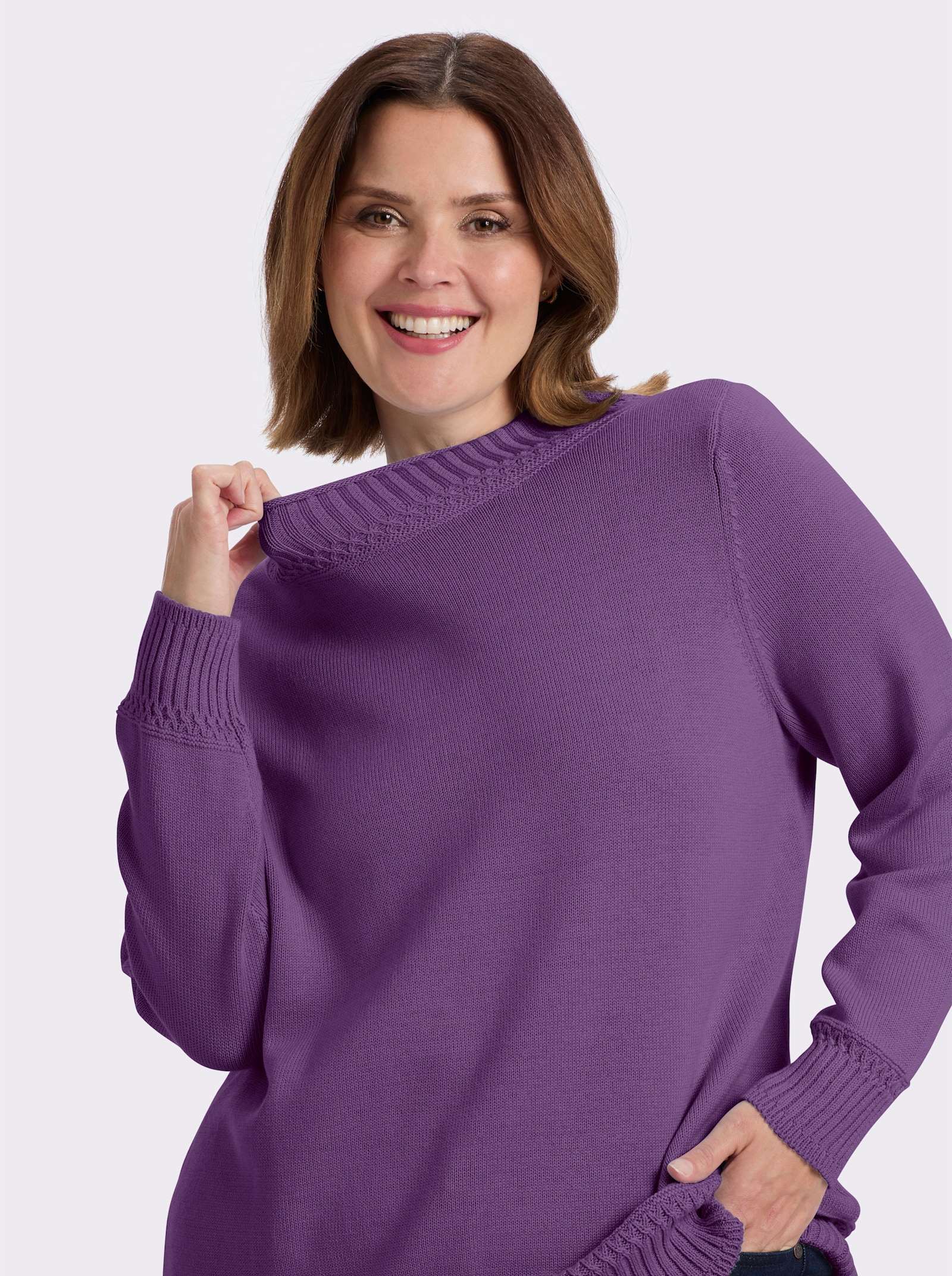 Stehkragenpullover mit Ripp-Abschlüssen - lila