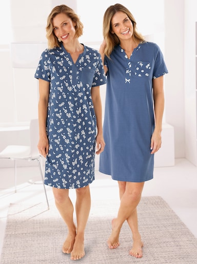 wäschepur Sleepshirts - jeansblau-ecru-bedruckt + jeansblau