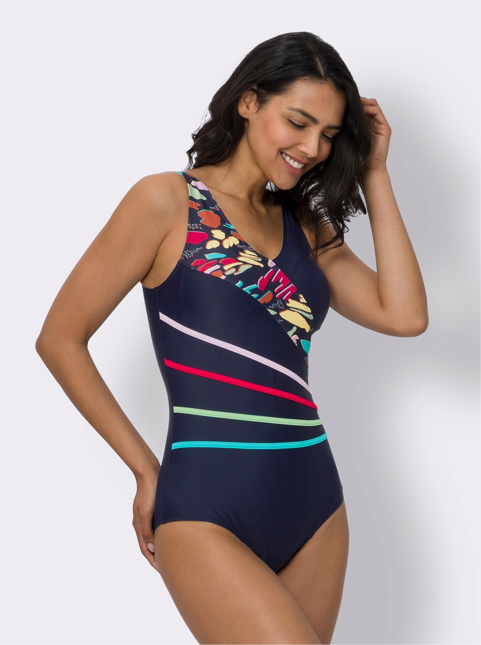 Badeanzug mit kontrastfarbenen Paspeln - marine