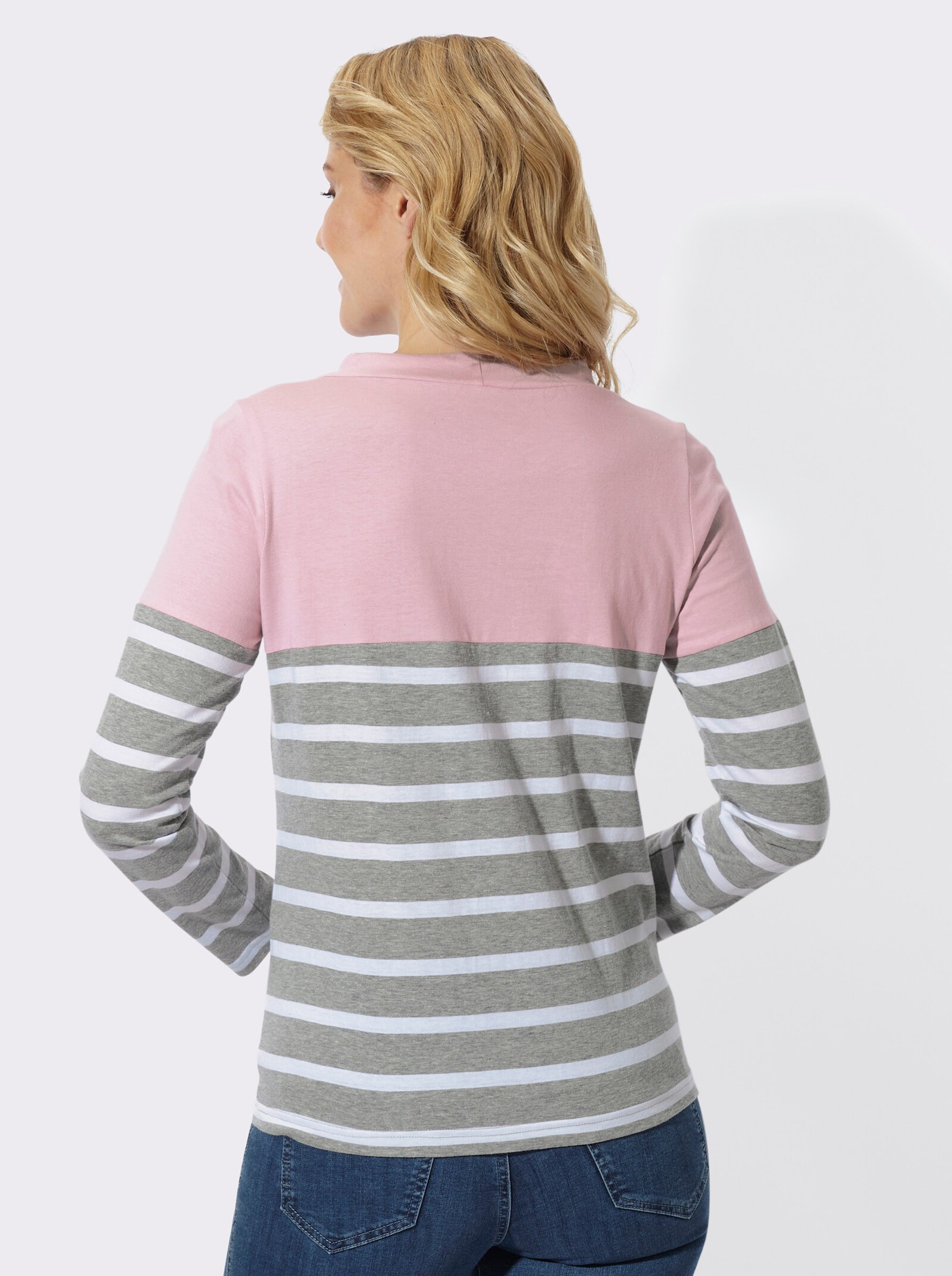 Stehkragenshirt mit Colour-Blocking - rosé-grau-geringelt