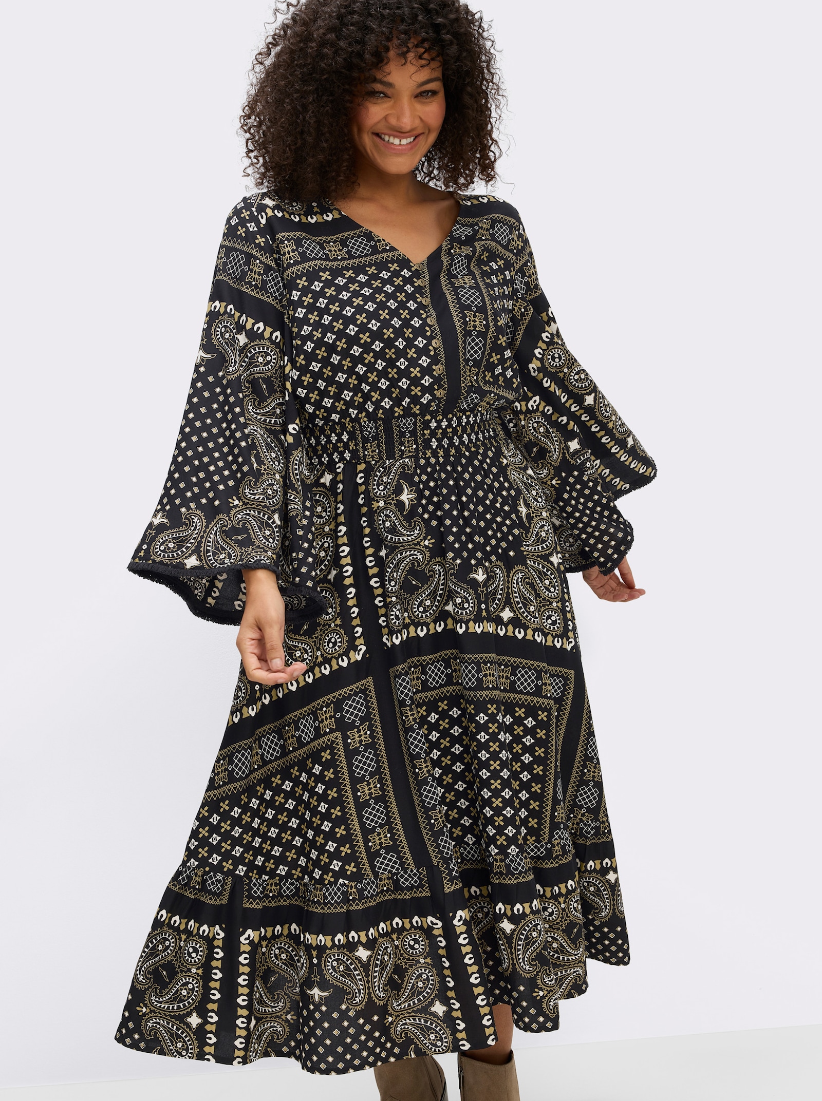 sheego by Joe Browns Maxikleid mit Paisley- und Ornamentmuster - schwarz-ocker-gemustert