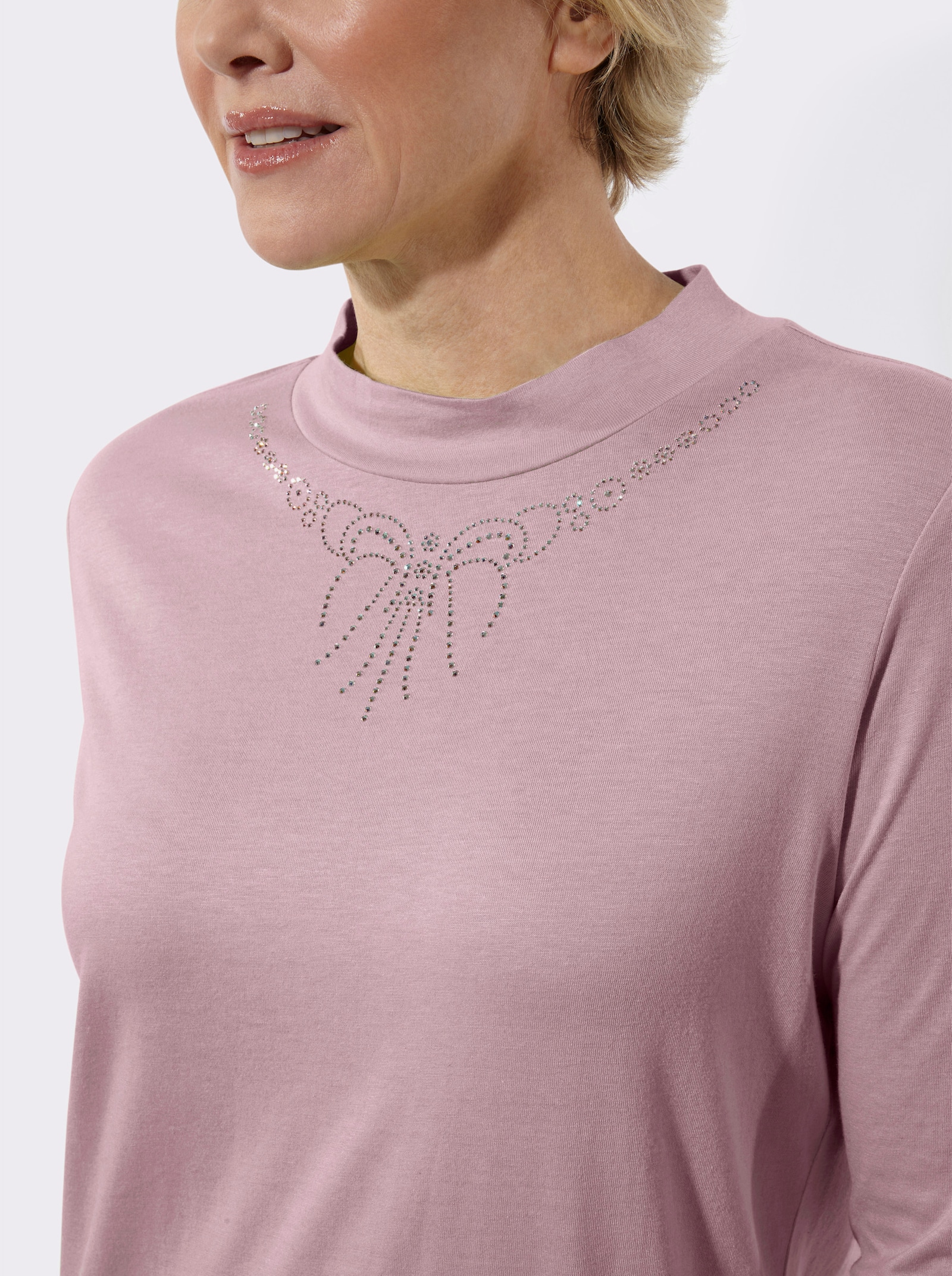Stehkragenshirt mit Glitzersteinchen - rosé