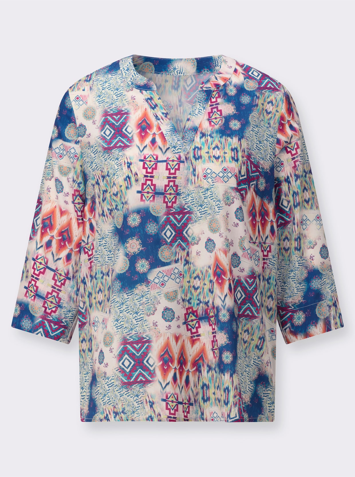Schlupfbluse - jeansblau-magenta-bedruckt