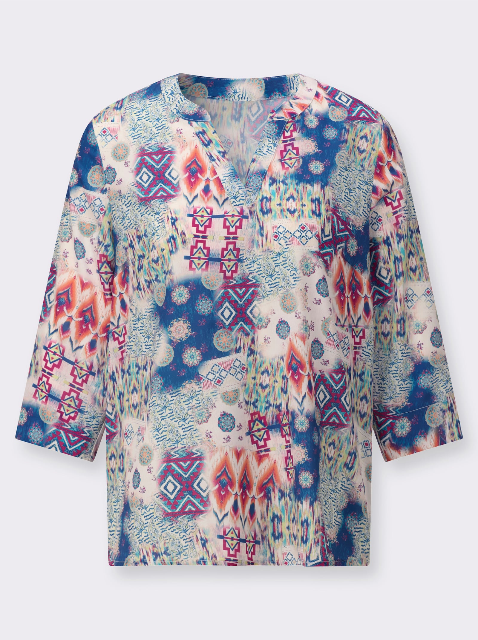 Schlupfbluse mit Patch-Dessin - jeansblau-magenta-bedruckt