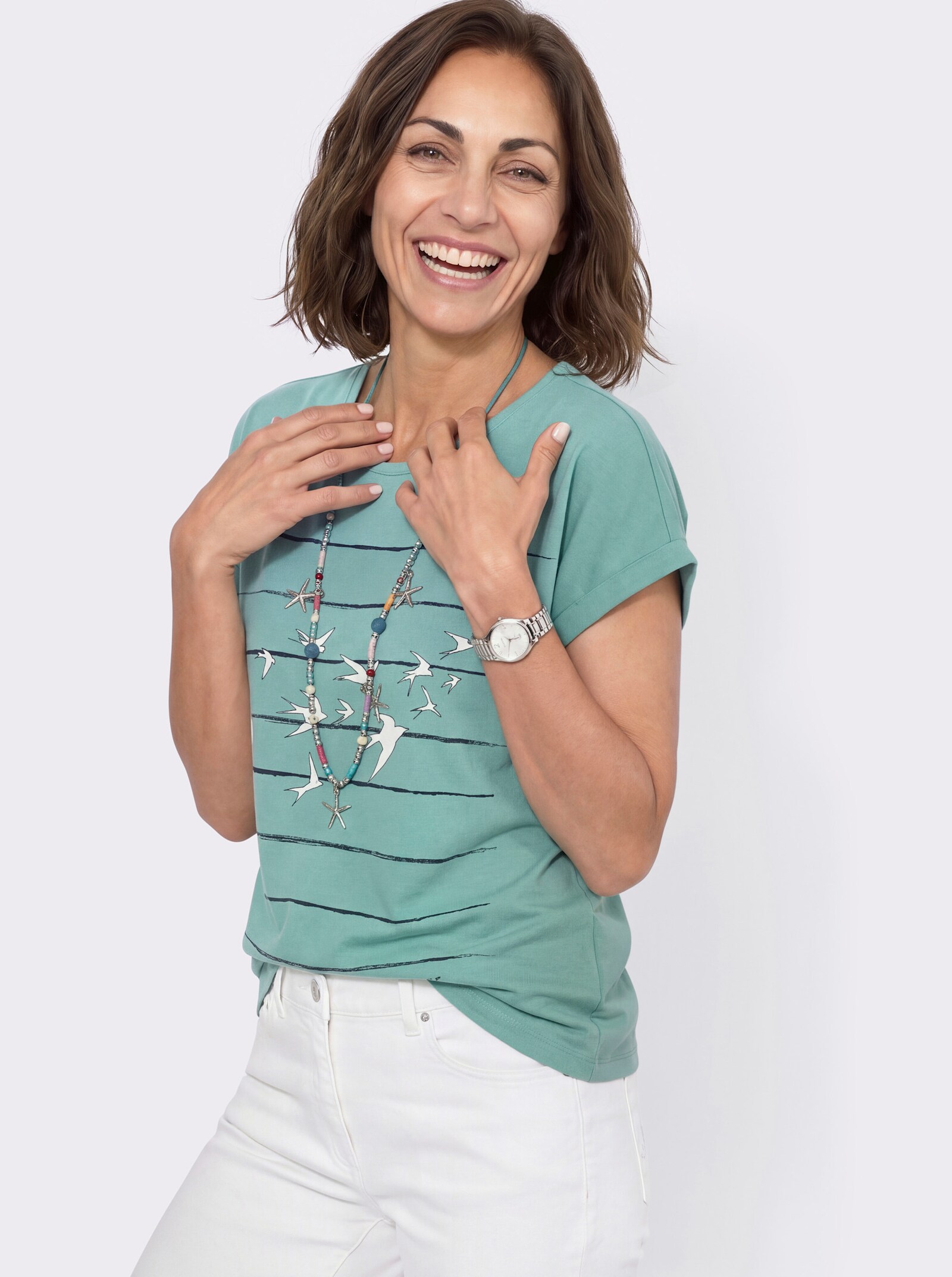 Print-Shirt mit überschnittenen Schultern - salbei-marine-bedruckt