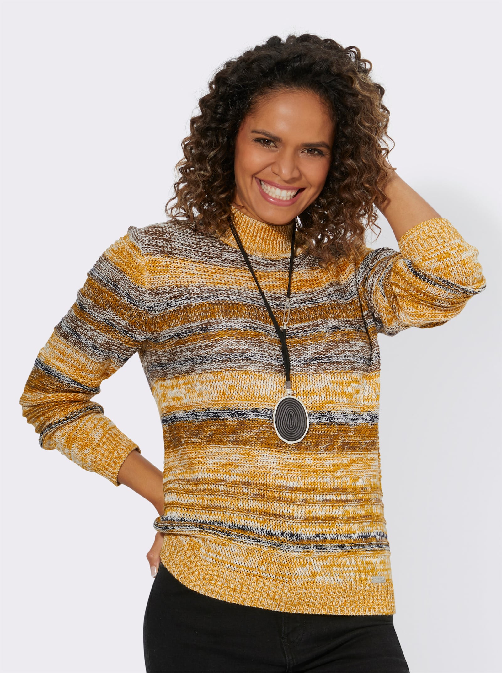 Langarm-Pullover mit Strickstruktur - ocker-braun-meliert