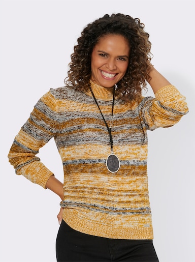 Langarm-Pullover mit Strickstruktur - ocker-braun-meliert