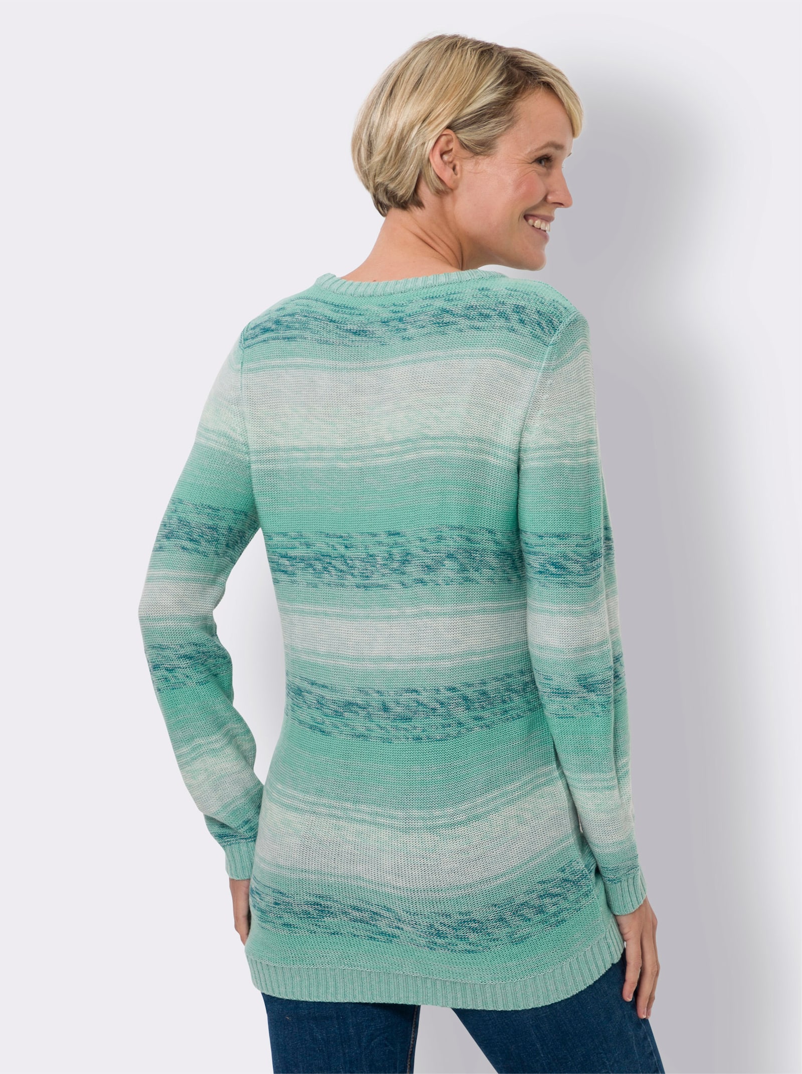 Longpullover aus Melange-Garn - aquapetrol-blaugrün-gemustert