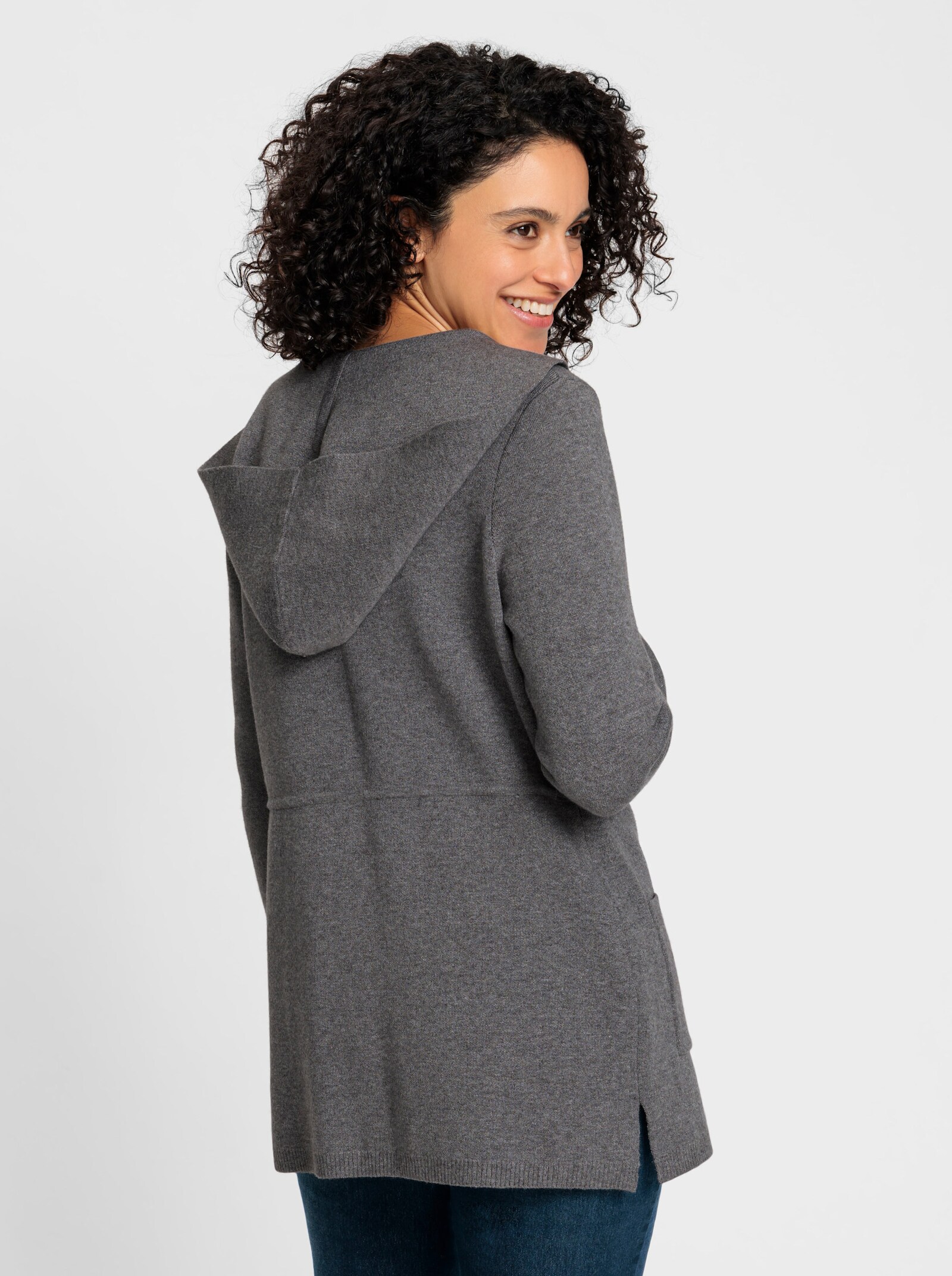 Kapuzenstrickjacke mit Tunnelzug in der Taille - anthrazit-meliert