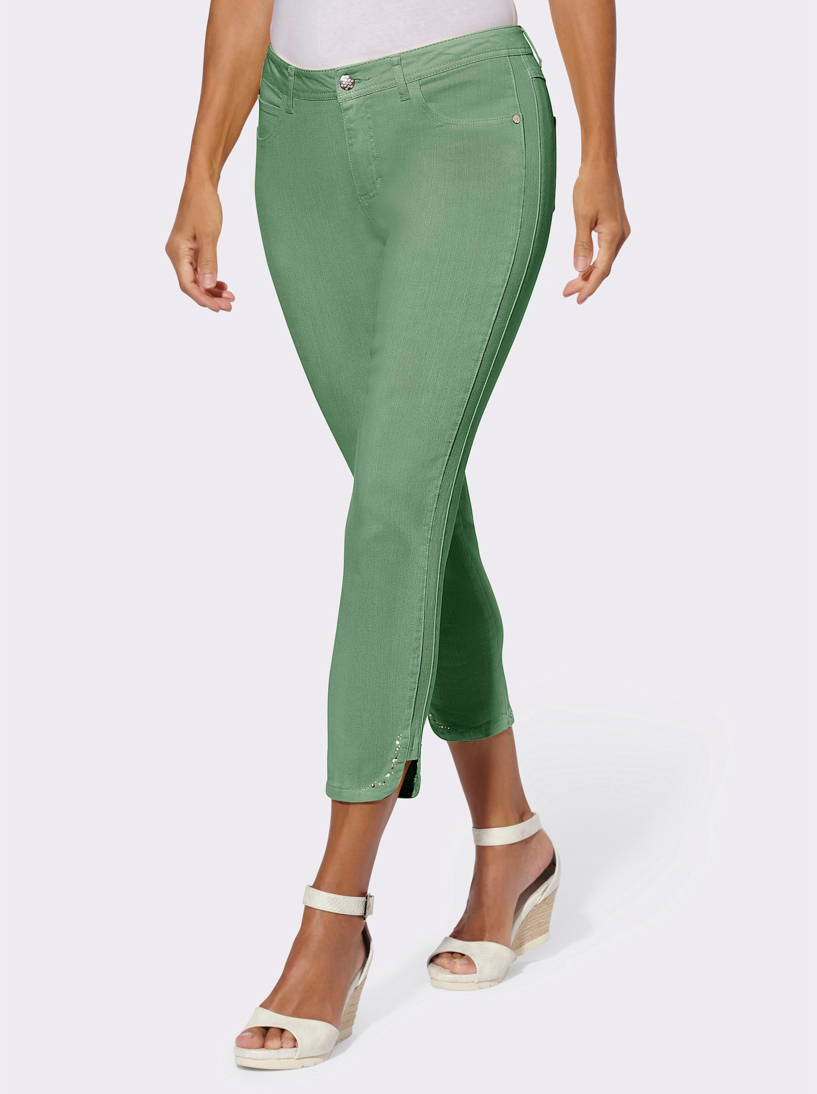 7/8-Jeans mit Glitzersteinchen an den Beinschlitzen - eucalyptus