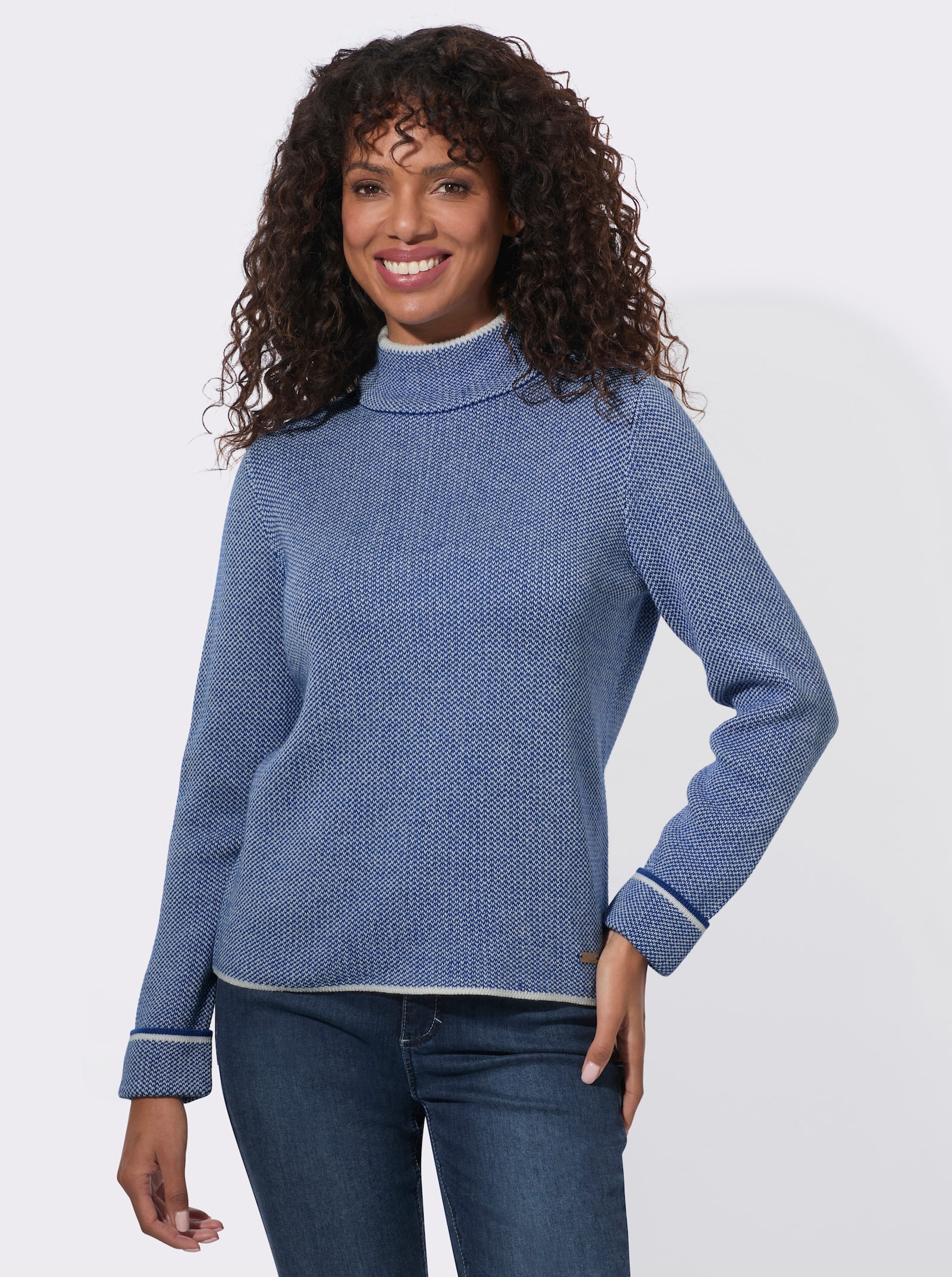 Stehkragenpullover mit Strickmuster - royalblau-ecru-meliert