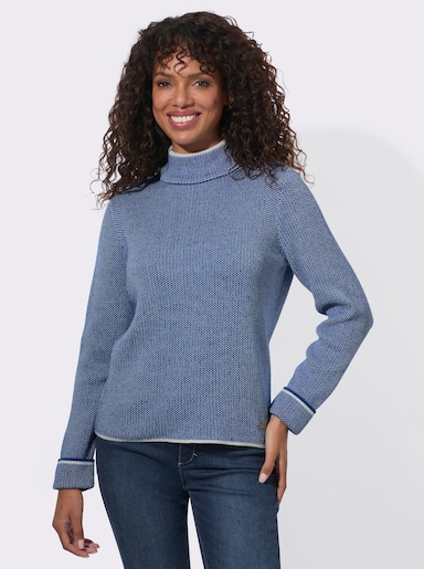 Stehkragenpullover mit Strickmuster - royalblau-ecru-meliert