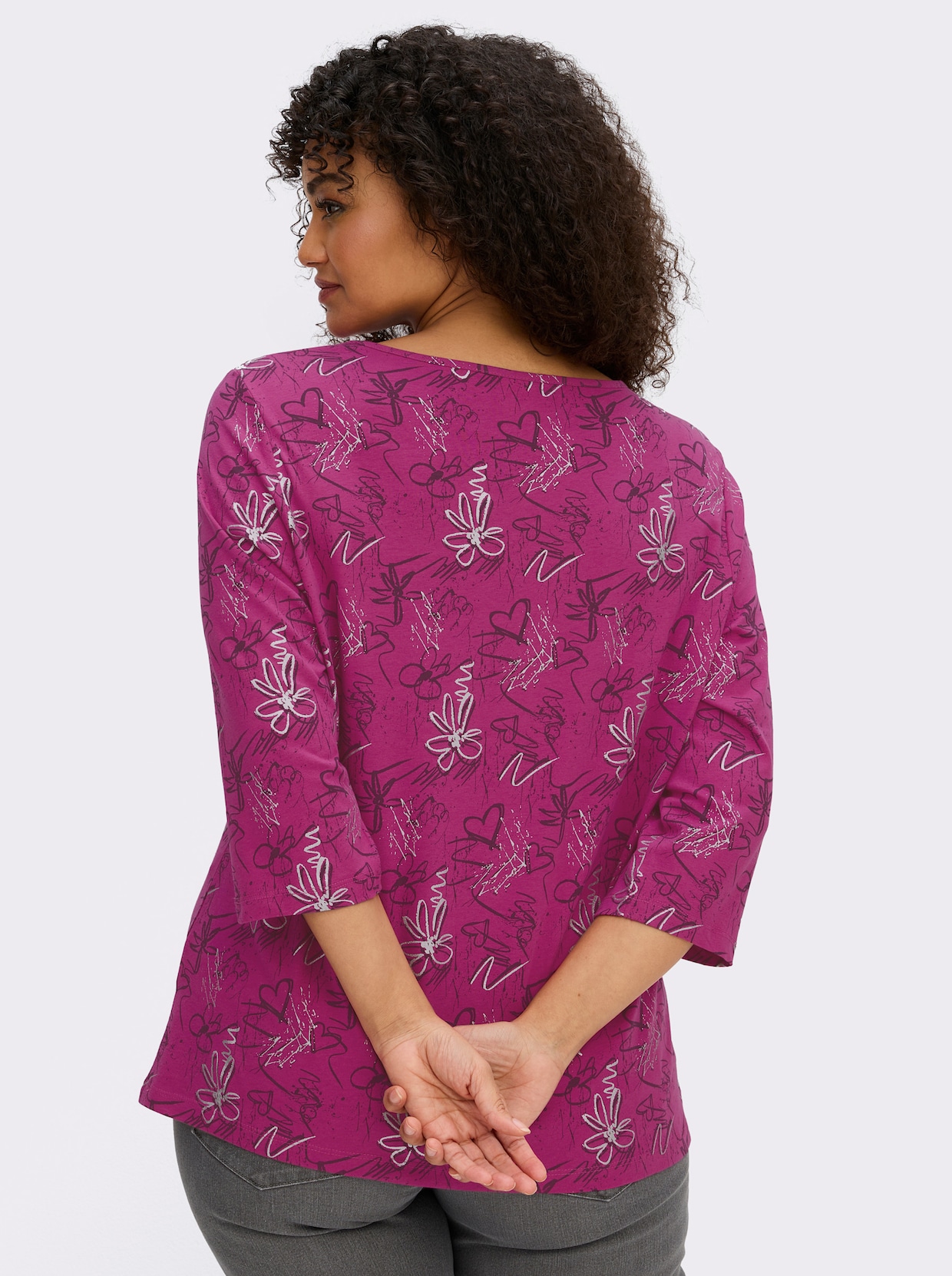3/4-Arm-Shirt mit Herzen und Blüten verziert - fuchsia