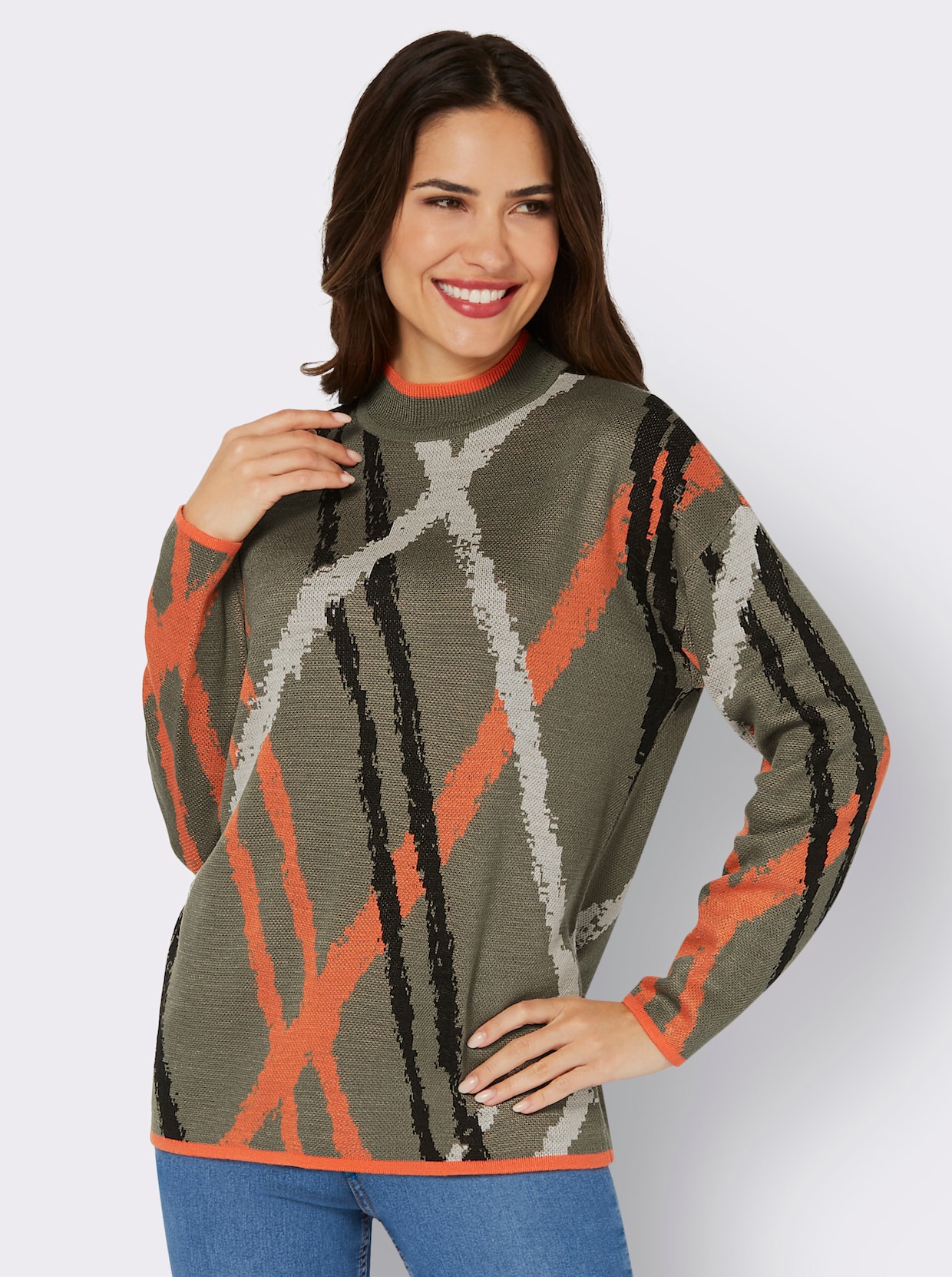 Stehkragenpullover - khaki-orange-gemustert