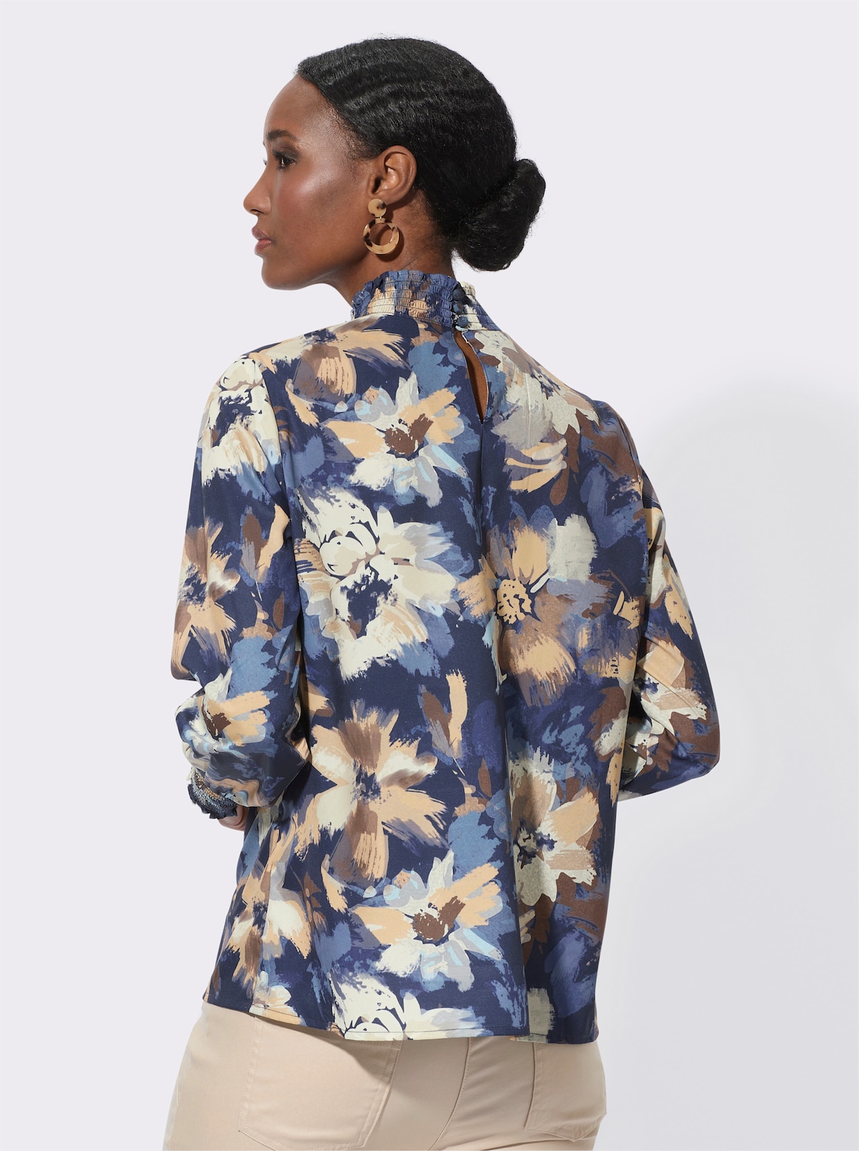 Blouse met opstaande kraag - marine/champagne bedrukt
