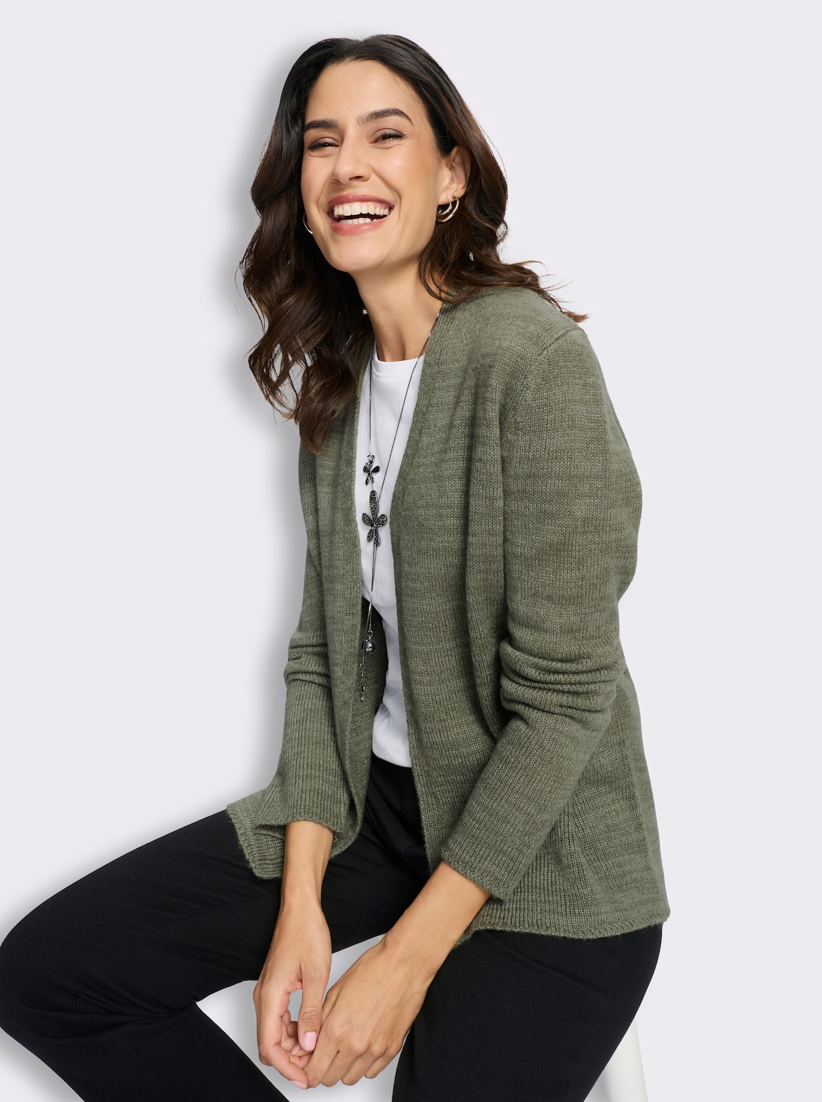 Strickjacke in offener Form - khaki-meliert