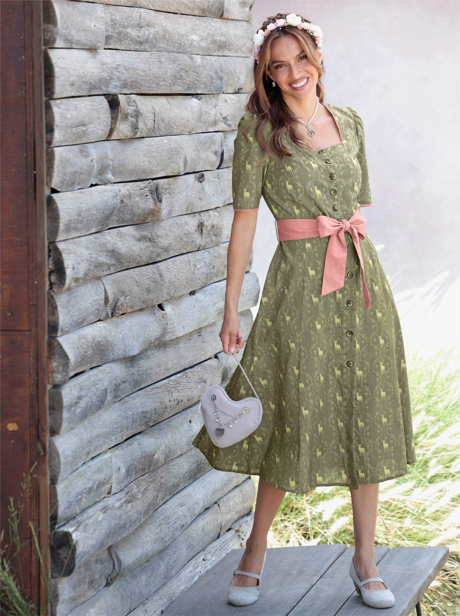 Trachtenkleid mit Knöpfen in Holz-Optik - khaki-lindgrün-bedruckt