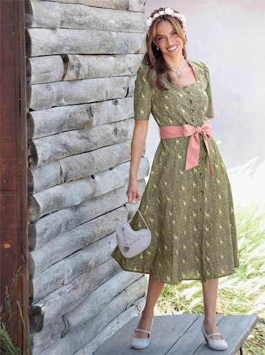 Trachtenkleid mit Knöpfen in Holz-Optik - khaki-lindgrün-bedruckt