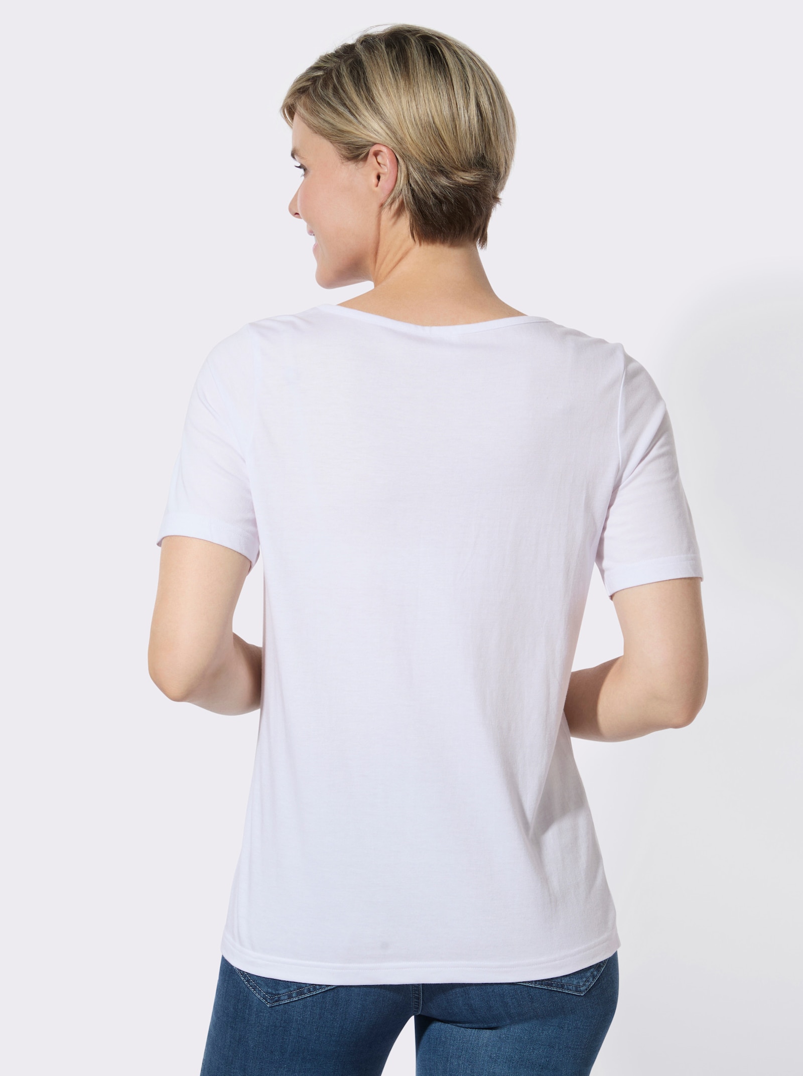 V-Shirt mit Stickereien und Glitzersteinchen - weiß