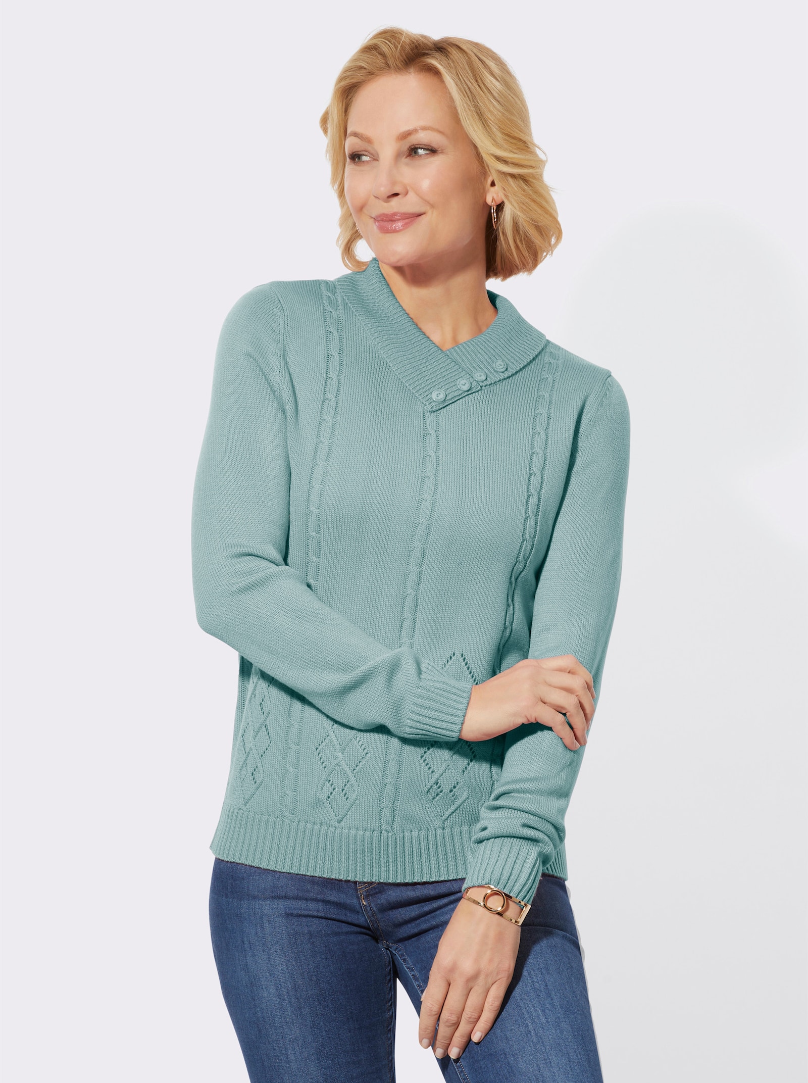 V-Ausschnitt-Pullover mit Schmuckknöpfen - kalkmint