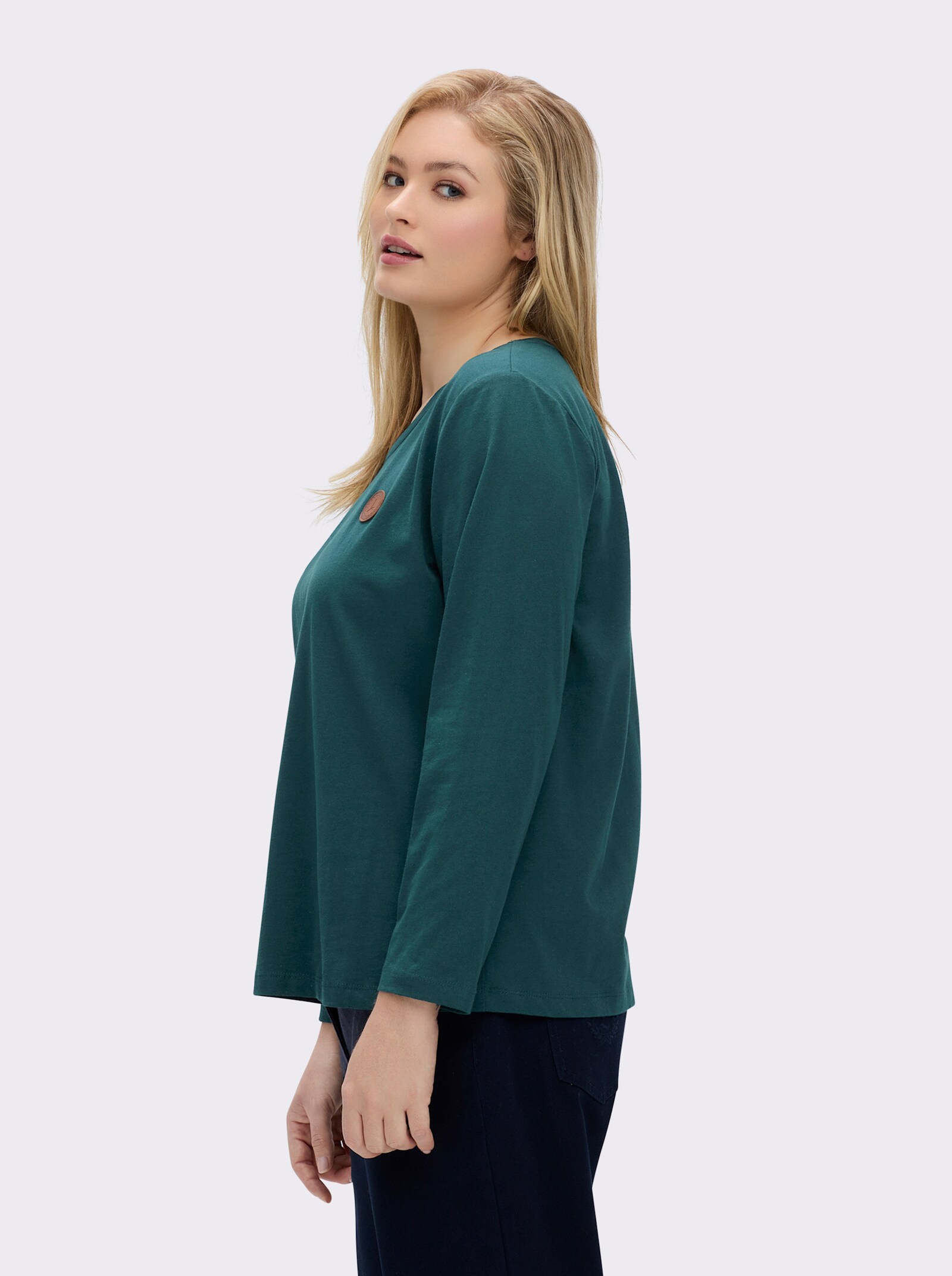 Langarmshirt mit Leder-Imitat-Patch - petrol