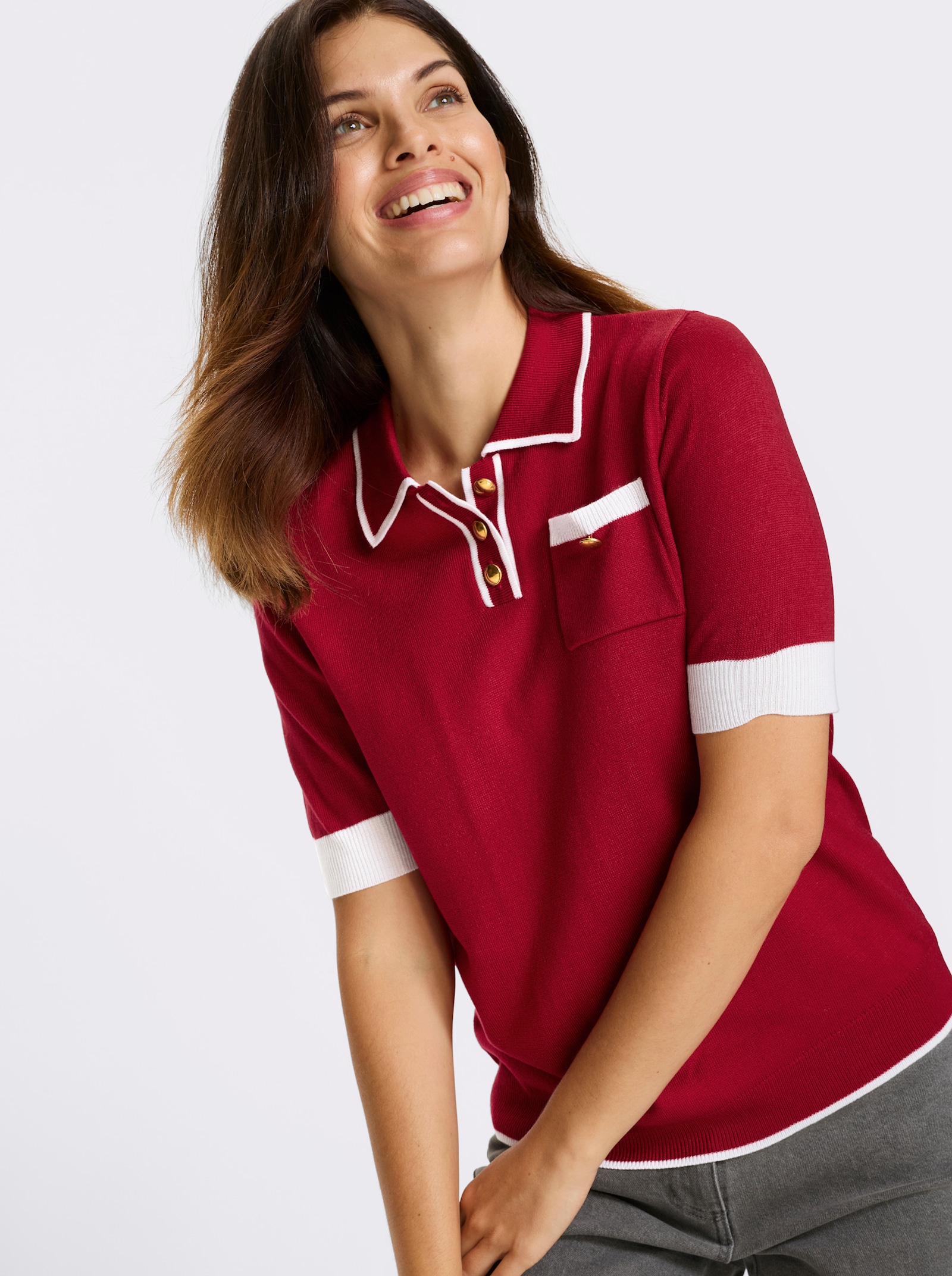 Kurzarmpullover mit Polokragen - rot-weiß