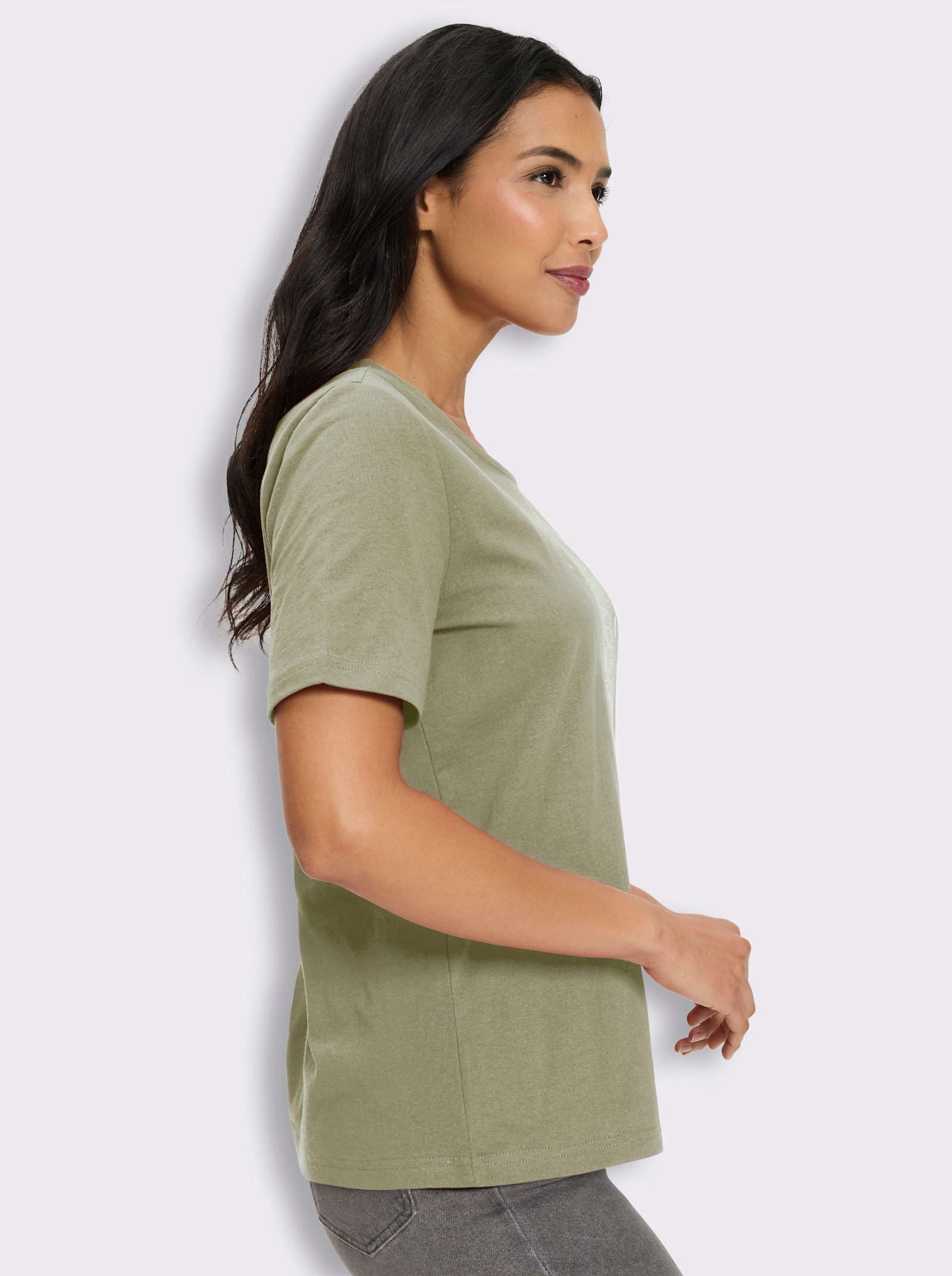 Kurzarmshirt mit Hirsch-Motiv - schilf-oliv