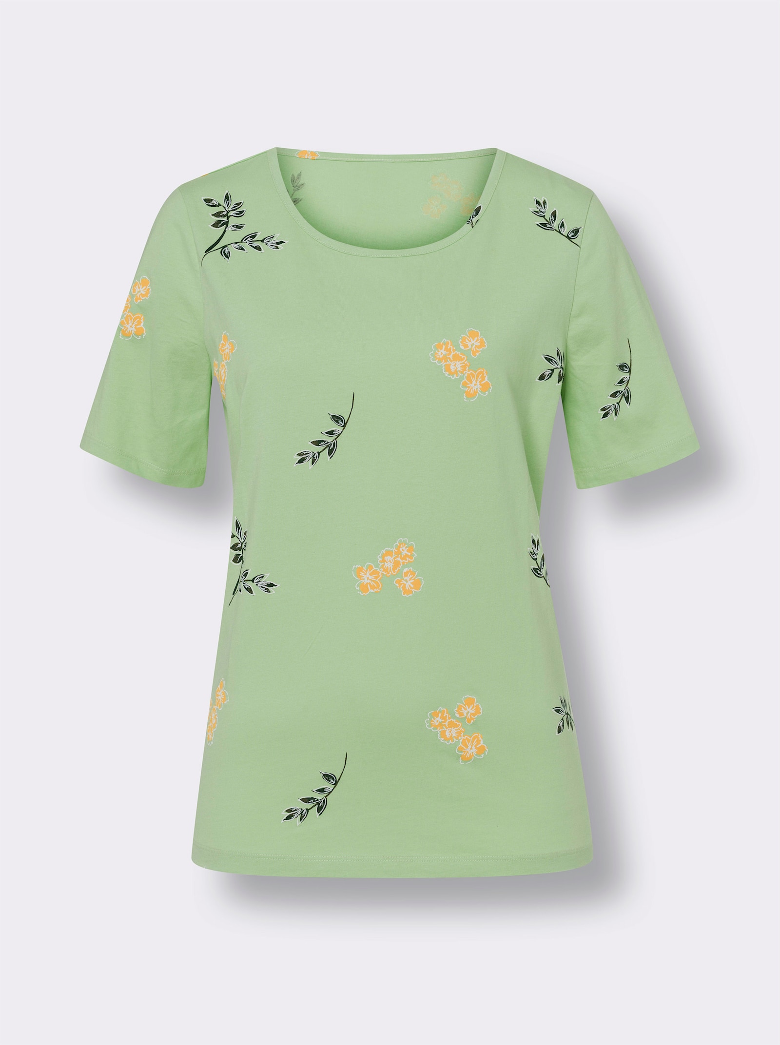 Kurzarmshirt mit Blüten- und Blätter-Print - reseda-weiss-bedruckt