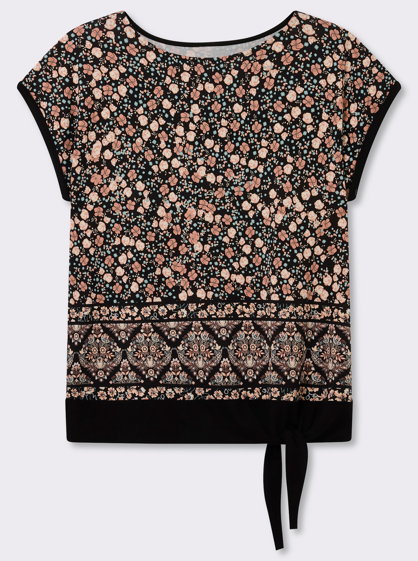 Kurzarmshirt mit Bindeband am Saum - papaya-schwarz-bedruckt