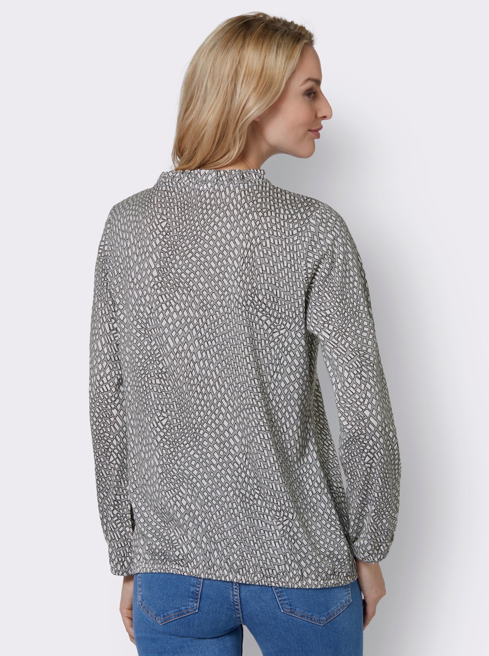 Langarmshirt im Material-Mix - steingrau-ecru-bedruckt