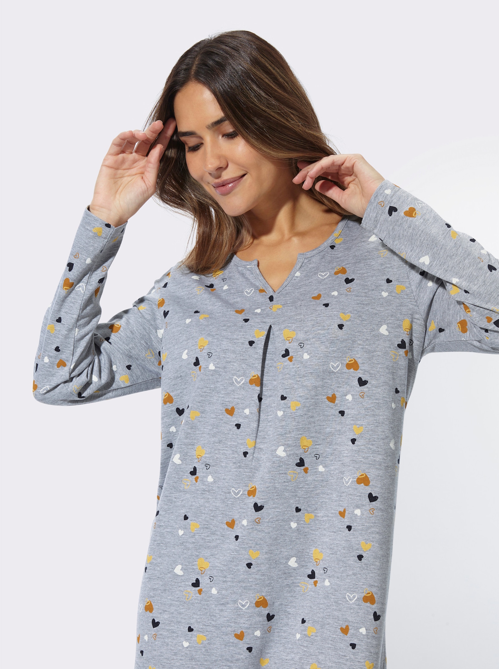 Nachthemd in melierter Qualität - grau-meliert-marine-bedruckt