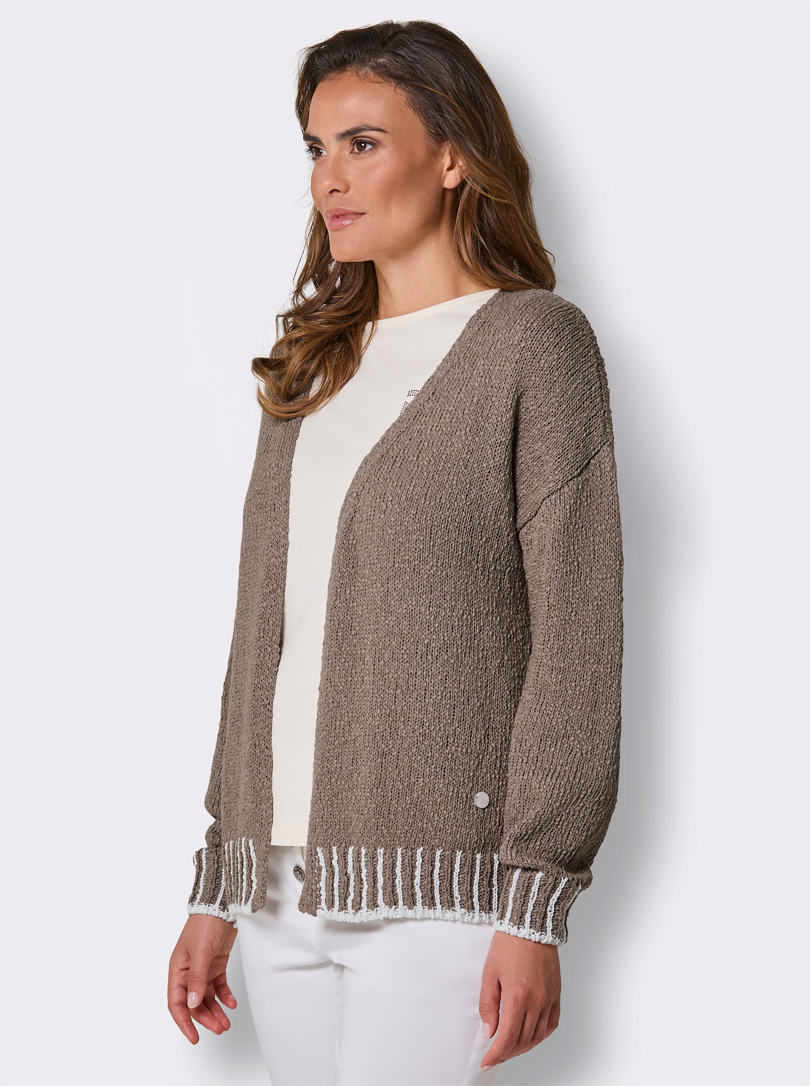 CREATION L PREMIUM Strickjacke mit Kontrast-Streifen - taupe