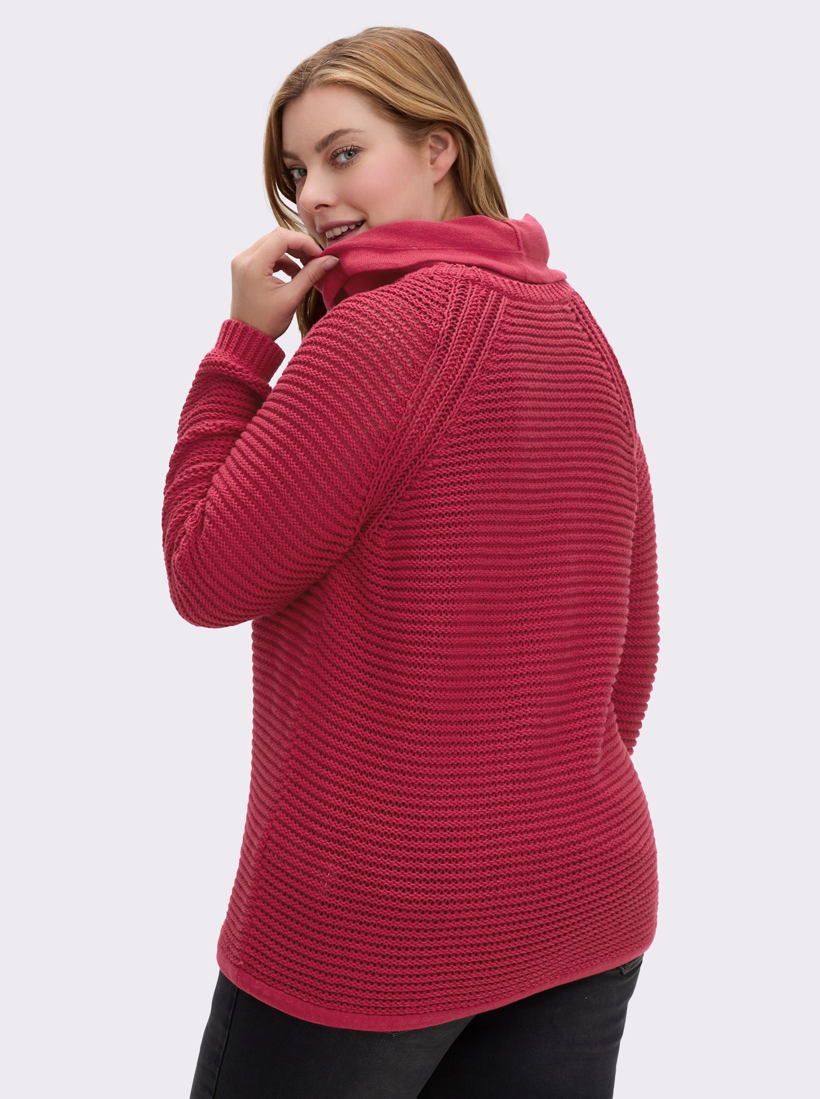 Rollkragenpullover mit Tunnelzug und Bindeband - himbeerrot